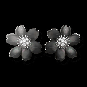 Серьги Rose de Noël, модель среднего размера, белое золото, серый перламутр, бриллианты