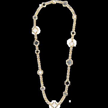 Длинное колье Magic Alhambra, 16 мотивов, желтое золото, перламутр, оникс