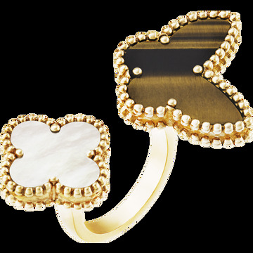 Кольцо на два пальца Lucky Alhambra, желтое золото, белый перламутр, тигровый глаз