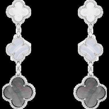 Серьги Magic Alhambra, 3 мотива, белое золото, перламутр, халцедон