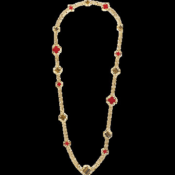 Длинное колье Magic Alhambra, 16 мотивов, желтое золото, корнеол, тигровый глаз