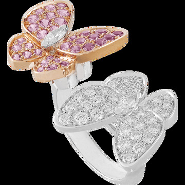 Кольцо на два пальца Two Butterflies, розовое золото, розовые сапфиры, белое золото, бриллианты