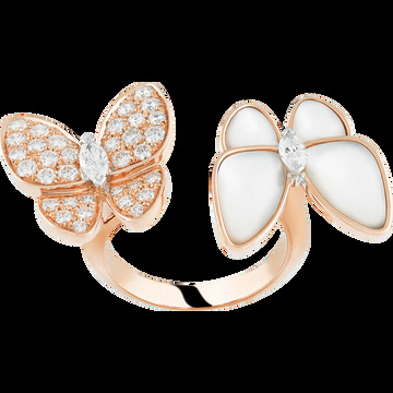 Кольцо на два пальца Two Butterfly, розовое золото, белое золото, белый перламутр, бриллианты