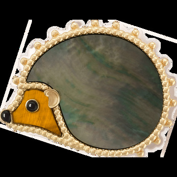 Брошь Lucky Animals Hedgehog, желтое золото, перламутр, тигровый глаз, оникс.