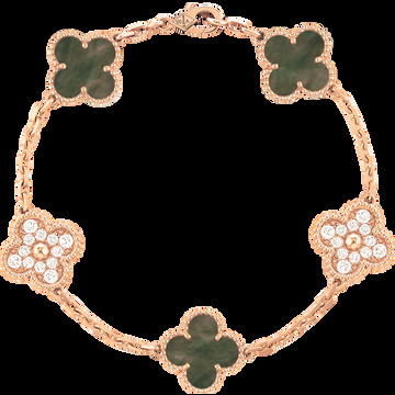 Браслет Vintage Alhambra, 5 мотивов, розовое золото, серый перламутр, бриллианты.