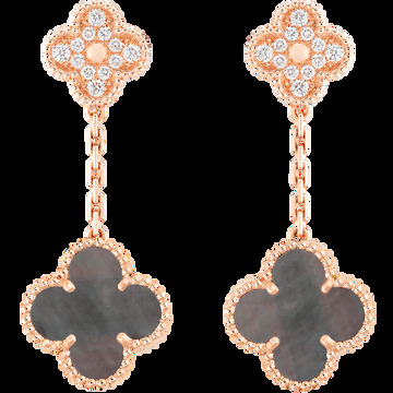 Серьги Magic Alhambra, 2 мотива, розовое золото, серый перламутр, бриллианты.