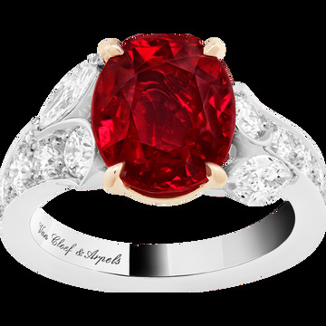 Кольцо-солитер Jasmin, платина, розовое золото, бриллианты круглой огранки и огранки «маркиза», рубин огранки «кушон» 5,19 карата