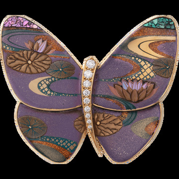 Лакированная брошь-бабочка Hasu и Mizu AD, желтое золото, белый перламутр, бриллианты