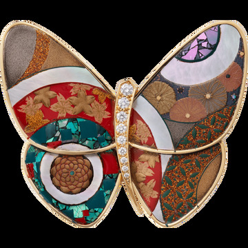 Лакированная брошь-бабочка Hananomaru AF, желтое золото, белый перламутр, бриллианты