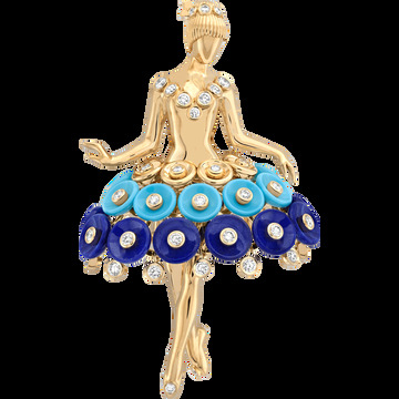Брошь-балерина Bouton d'or, желтое золото, лазурит, бирюза, бриллианты круглой огранки