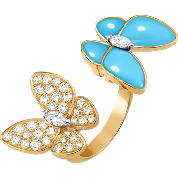Кольцо на два пальца Two Butterfly, желтое золото, белое золото, бирюза, бриллианты