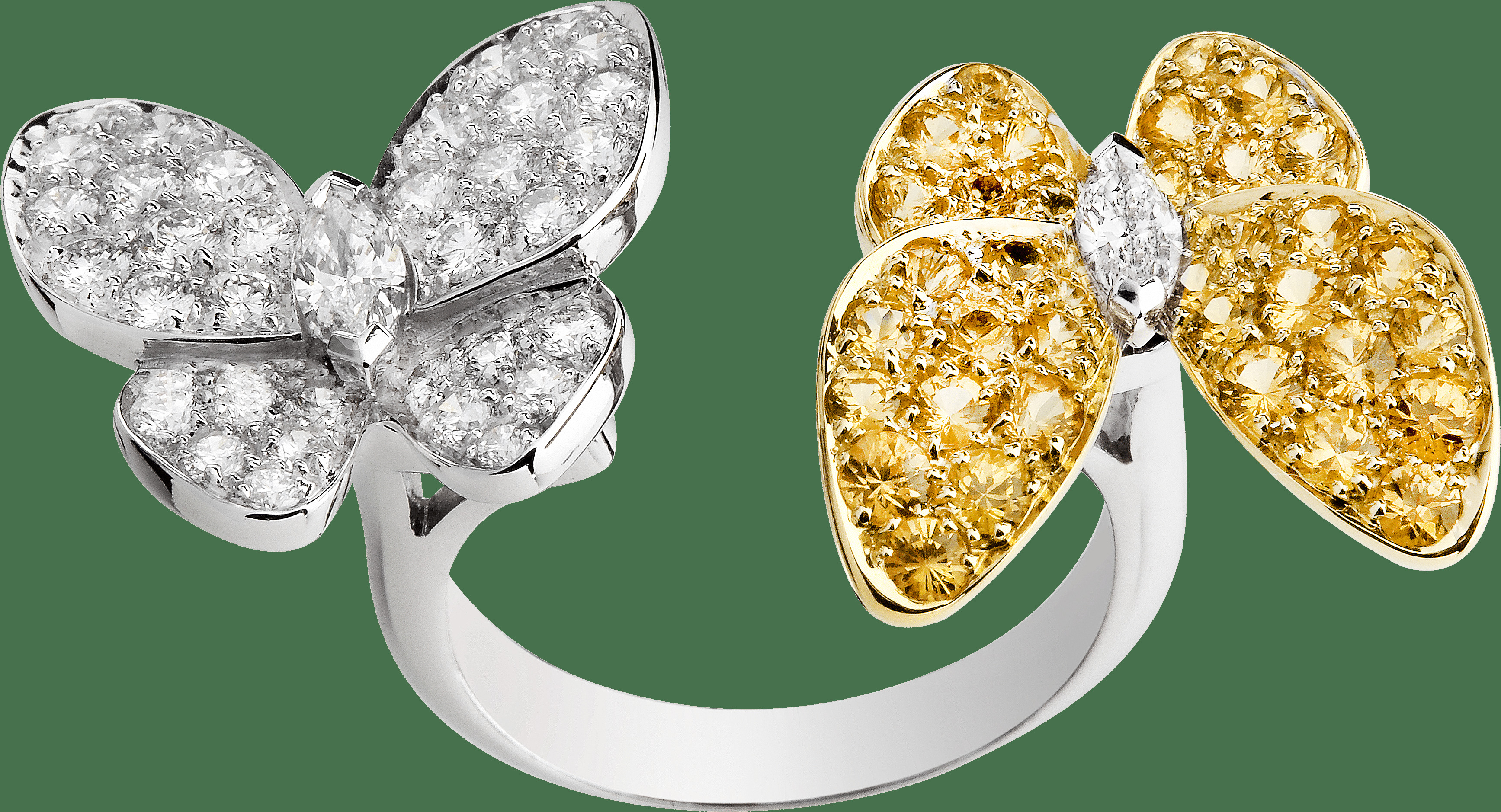 Кольцо на два пальца Two Butterflies, желтое золото, желтые сапфиры, белое золото, бриллианты