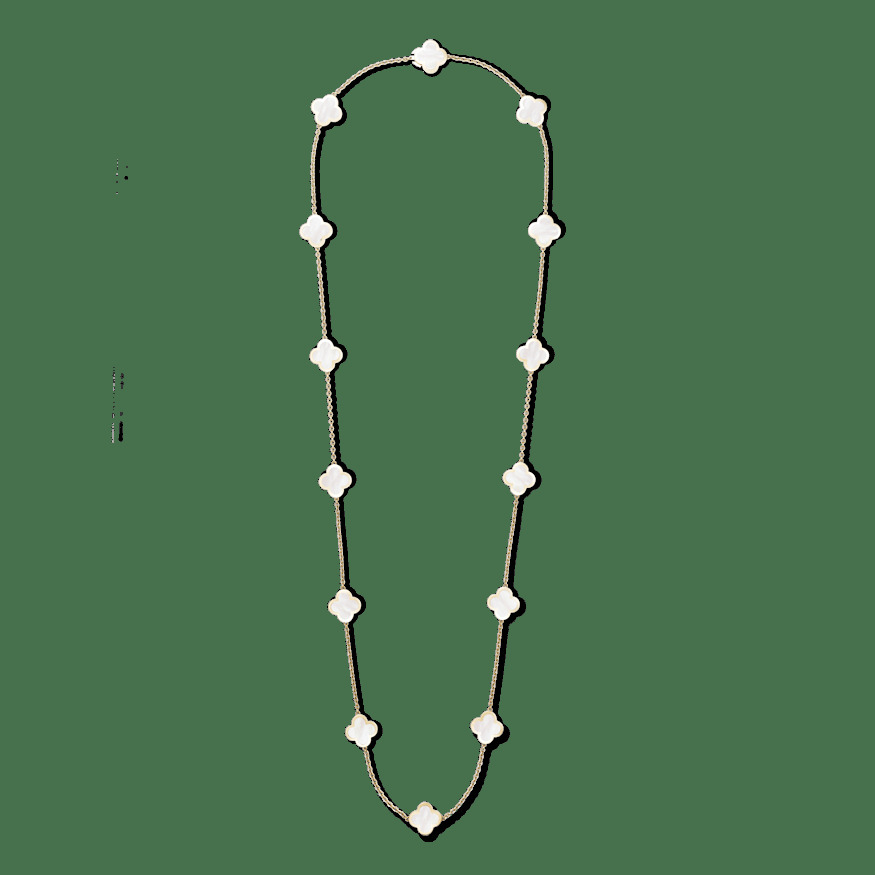 Длинное колье Pure Alhambra, 14 мотивов, желтое золото, белый перламутр