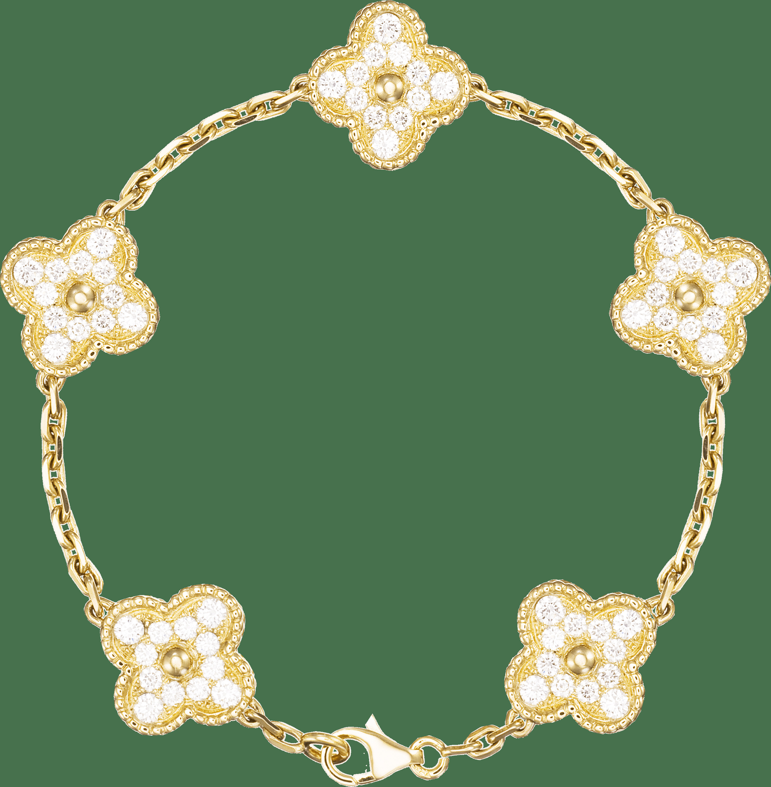 Браслет Vintage Alhambra, 5 мотивов, желтое золото, бриллианты