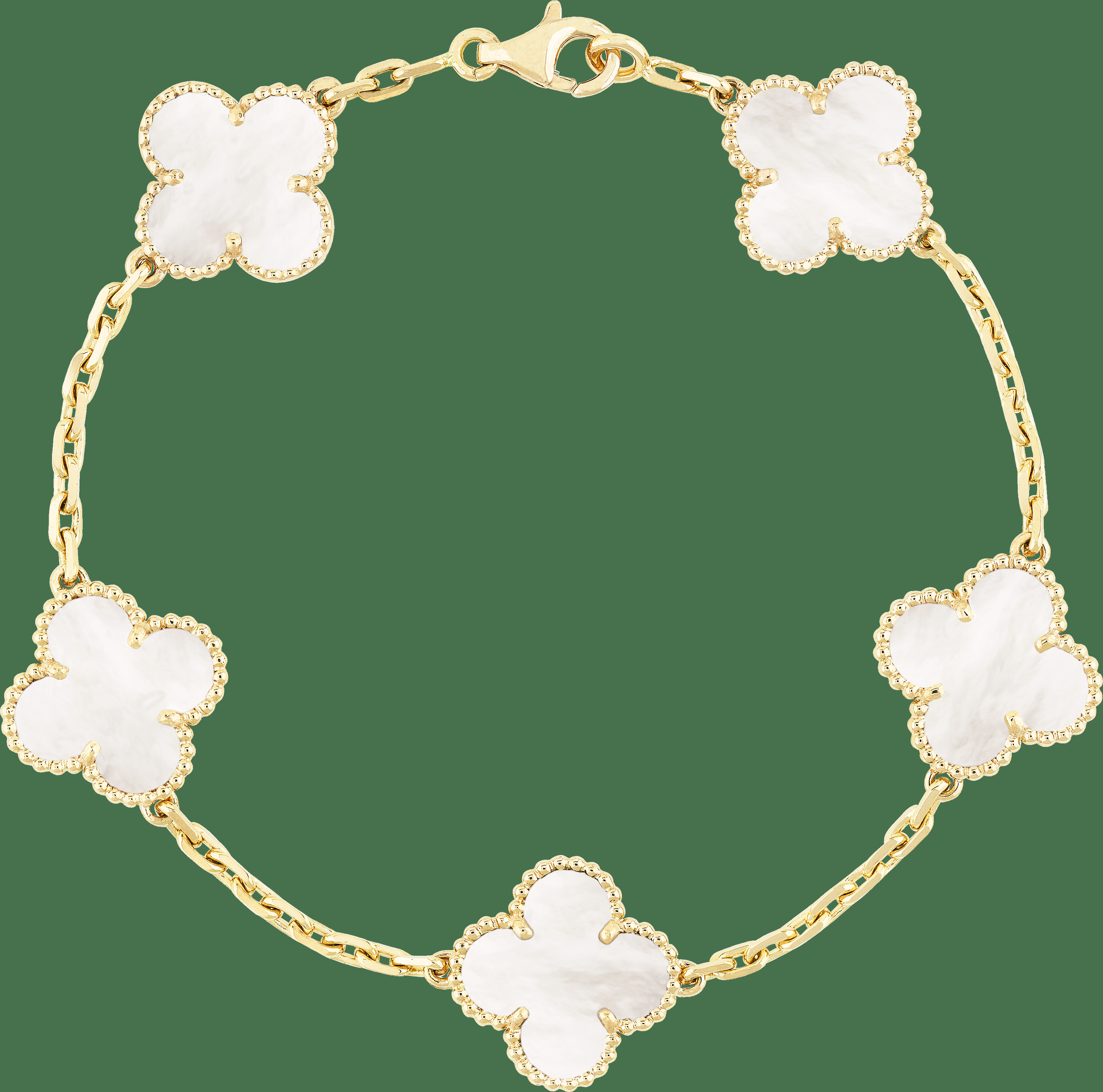 Браслет Vintage Alhambra, 5 мотивов, желтое золото, белый перламутр