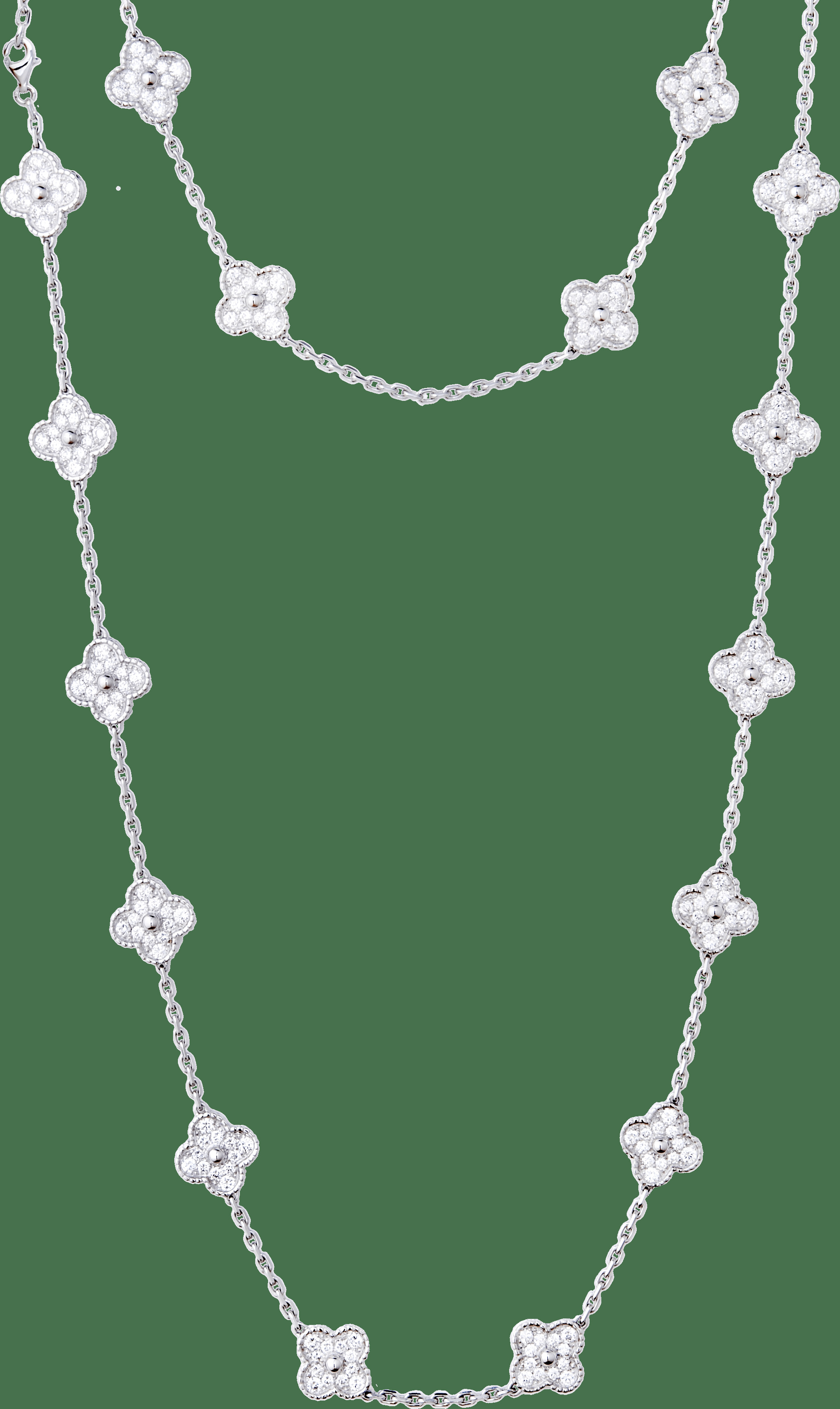 Длинное колье Vintage Alhambra, 20 мотивов, белое золото, бриллианты