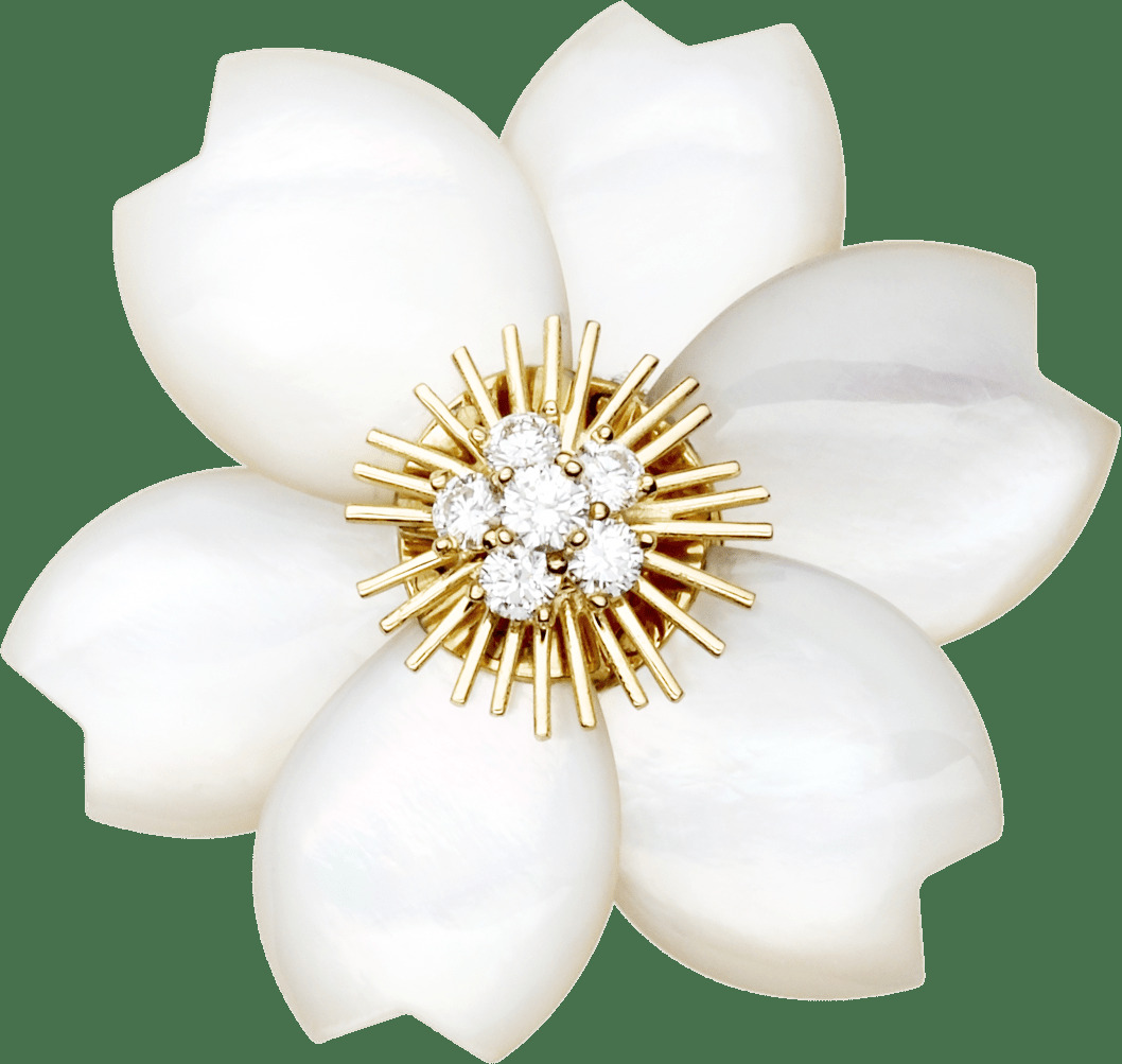 Брошь Rose de Noël, модель среднего размера, желтое золото, белый перламутр, бриллианты