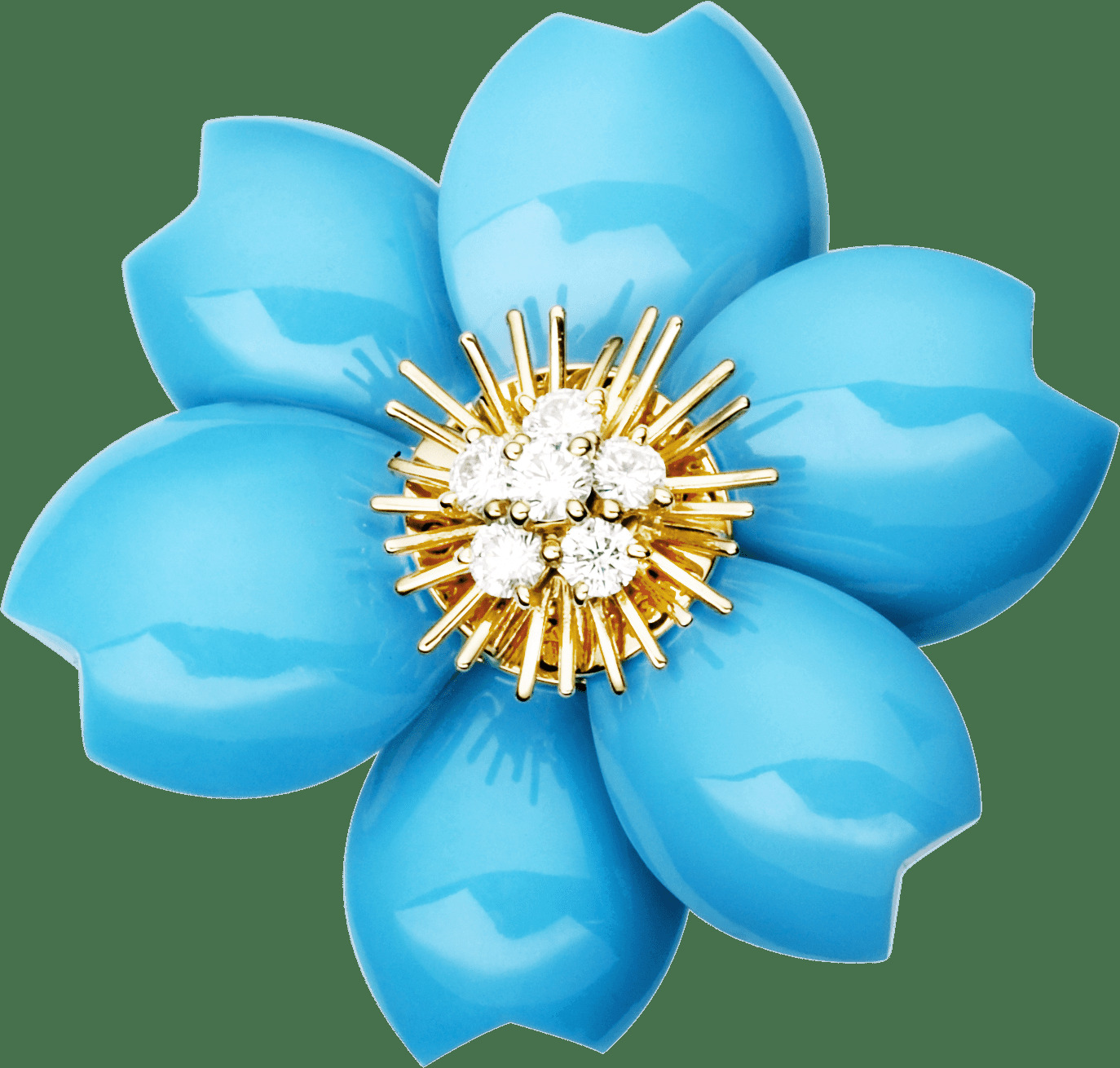 Брошь Rose de Noël, модель среднего размера, желтое золото, бирюза, бриллианты