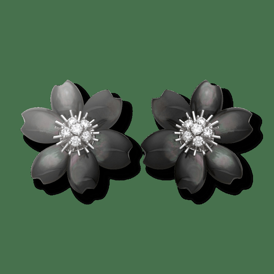 Серьги Rose de Noël, модель среднего размера, белое золото, серый перламутр, бриллианты