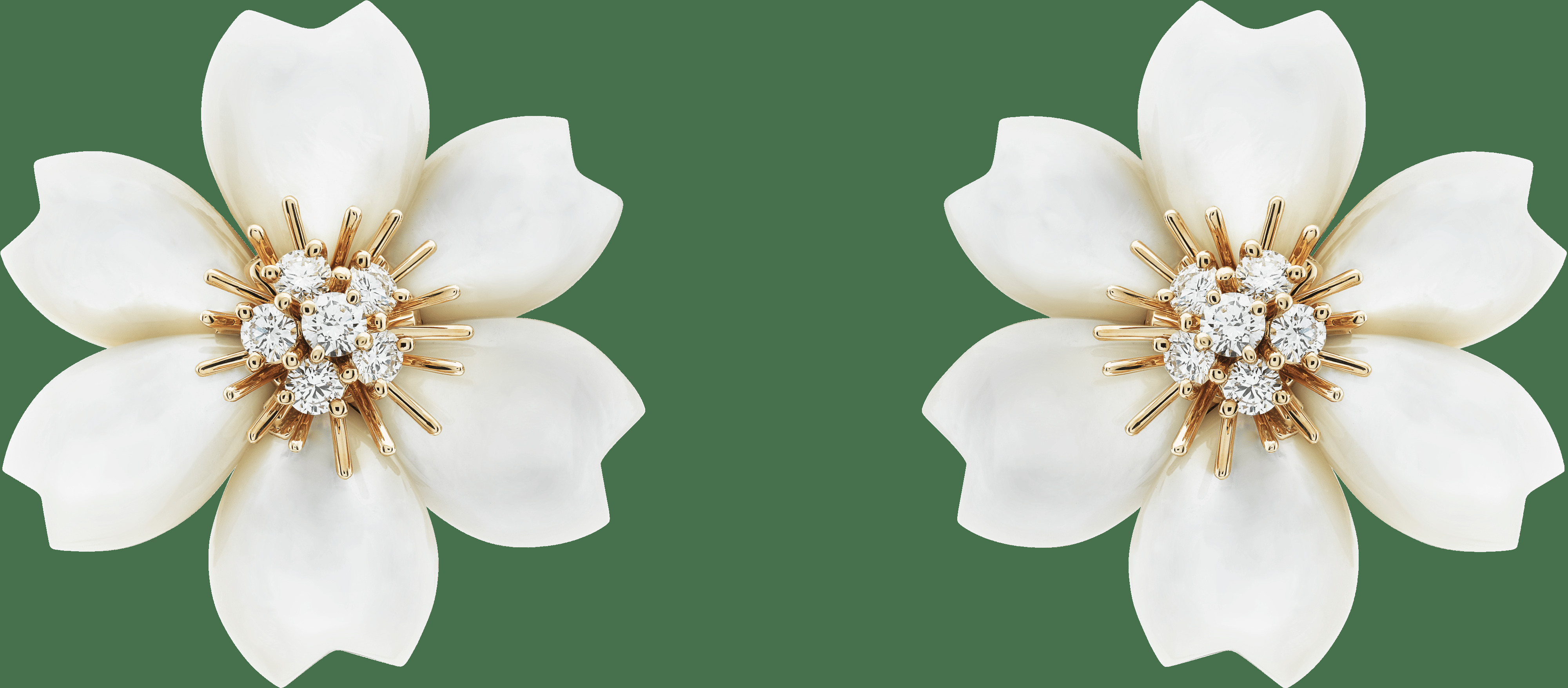 Серьги Rose de Noël, маленькая модель, желтое золото, белый перламутр, бриллианты