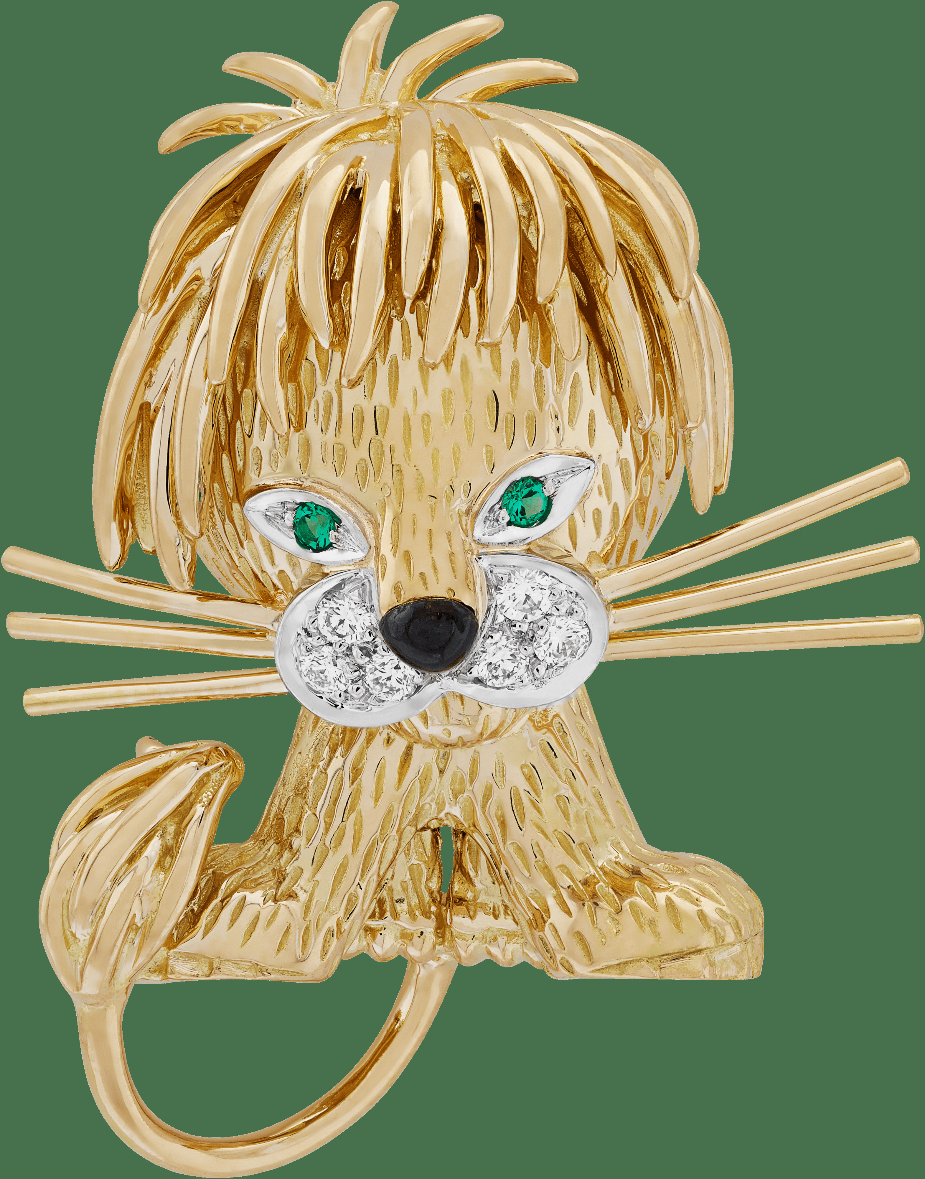 Брошь Lion Ebouriffé, маленькая модель, желтое золото, платина, круглые изумруды, черная эмаль, бриллианты.