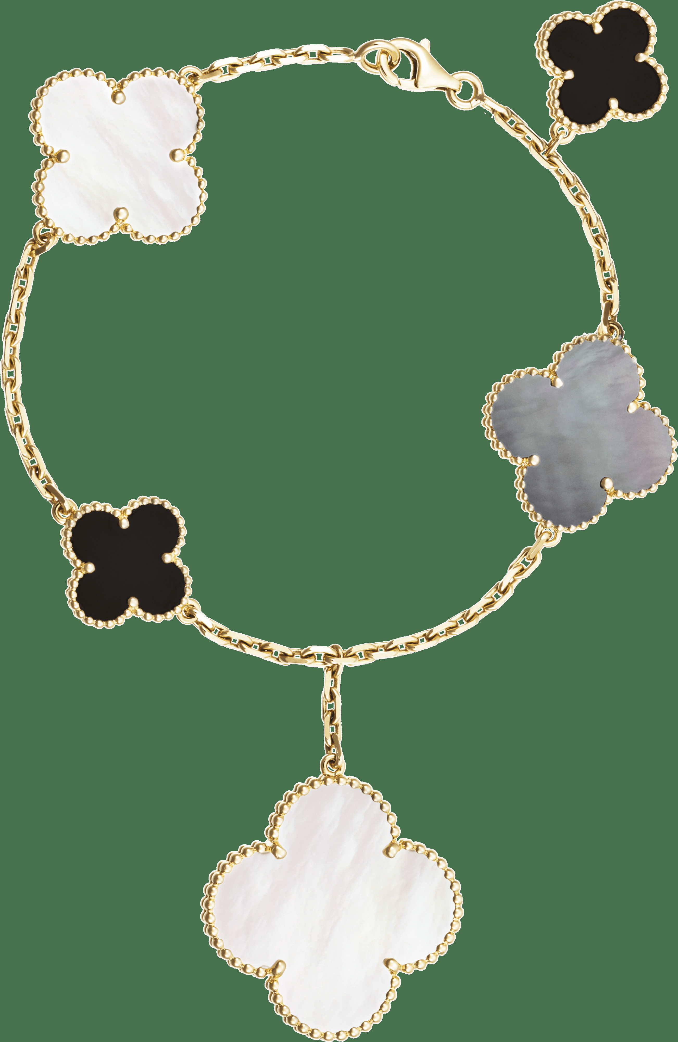 Браслет Magic Alhambra, 5 мотивов, желтое золото, перламутр, оникс