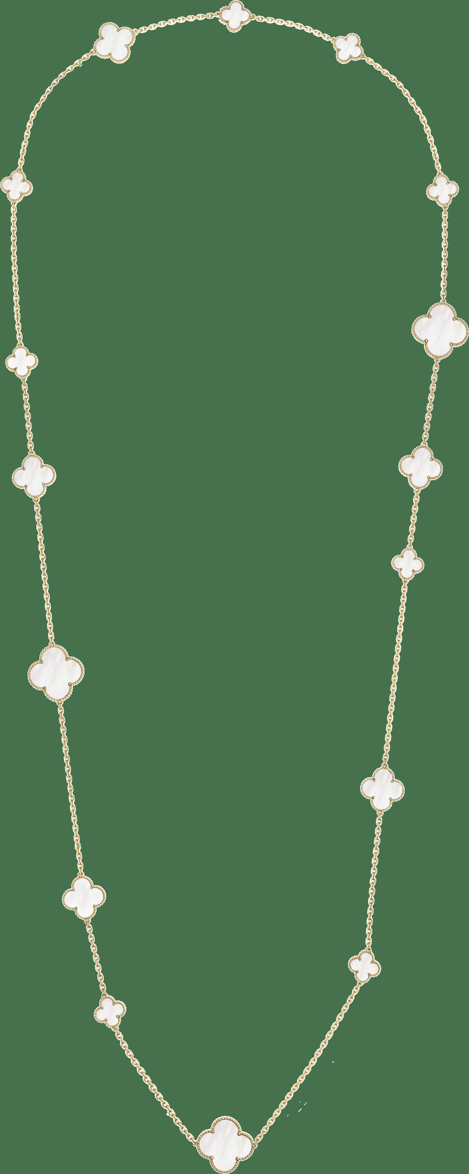 Длинное колье Magic Alhambra, 16 мотивов, желтое золото, белый перламутр