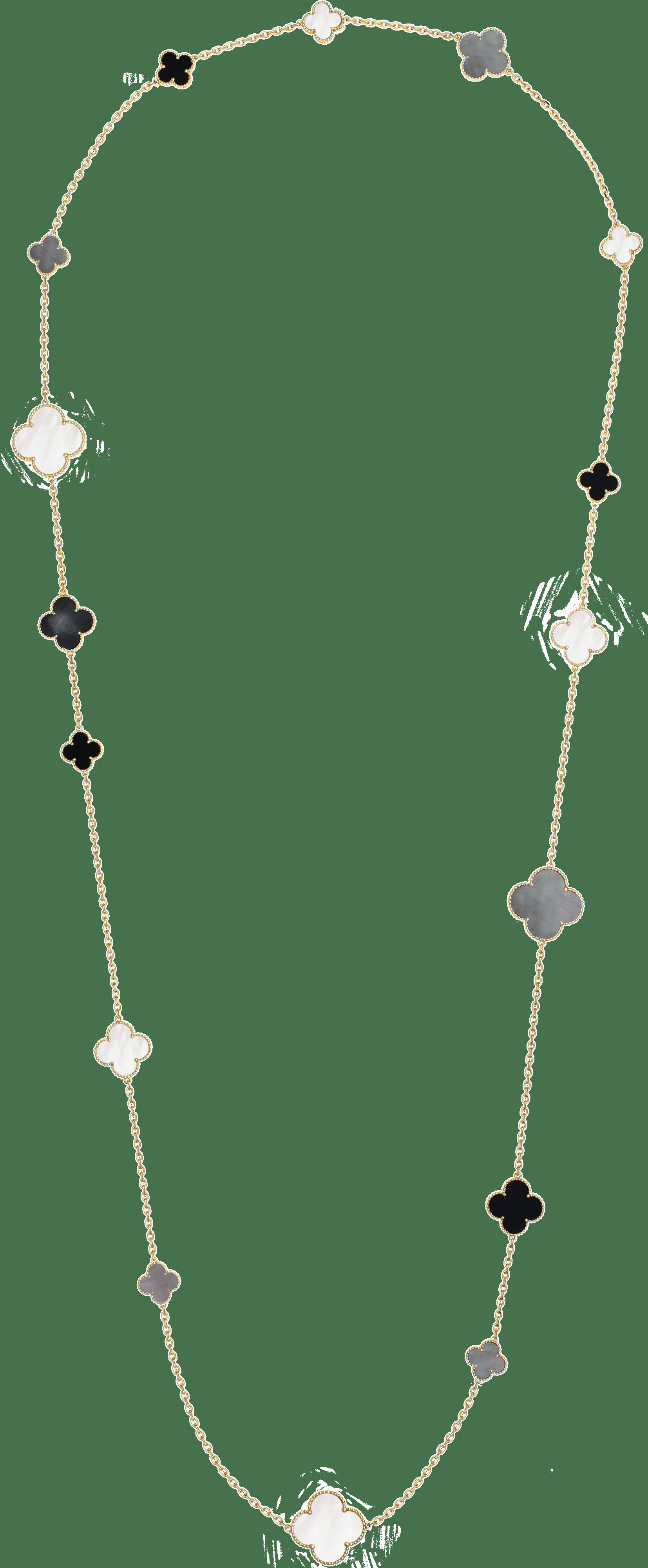 Длинное колье Magic Alhambra, 16 мотивов, желтое золото, перламутр, оникс