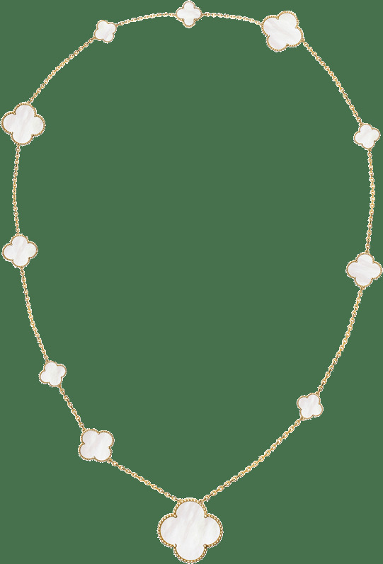Длинное колье Magic Alhambra, 11 мотивов, желтое золото, белый перламутр