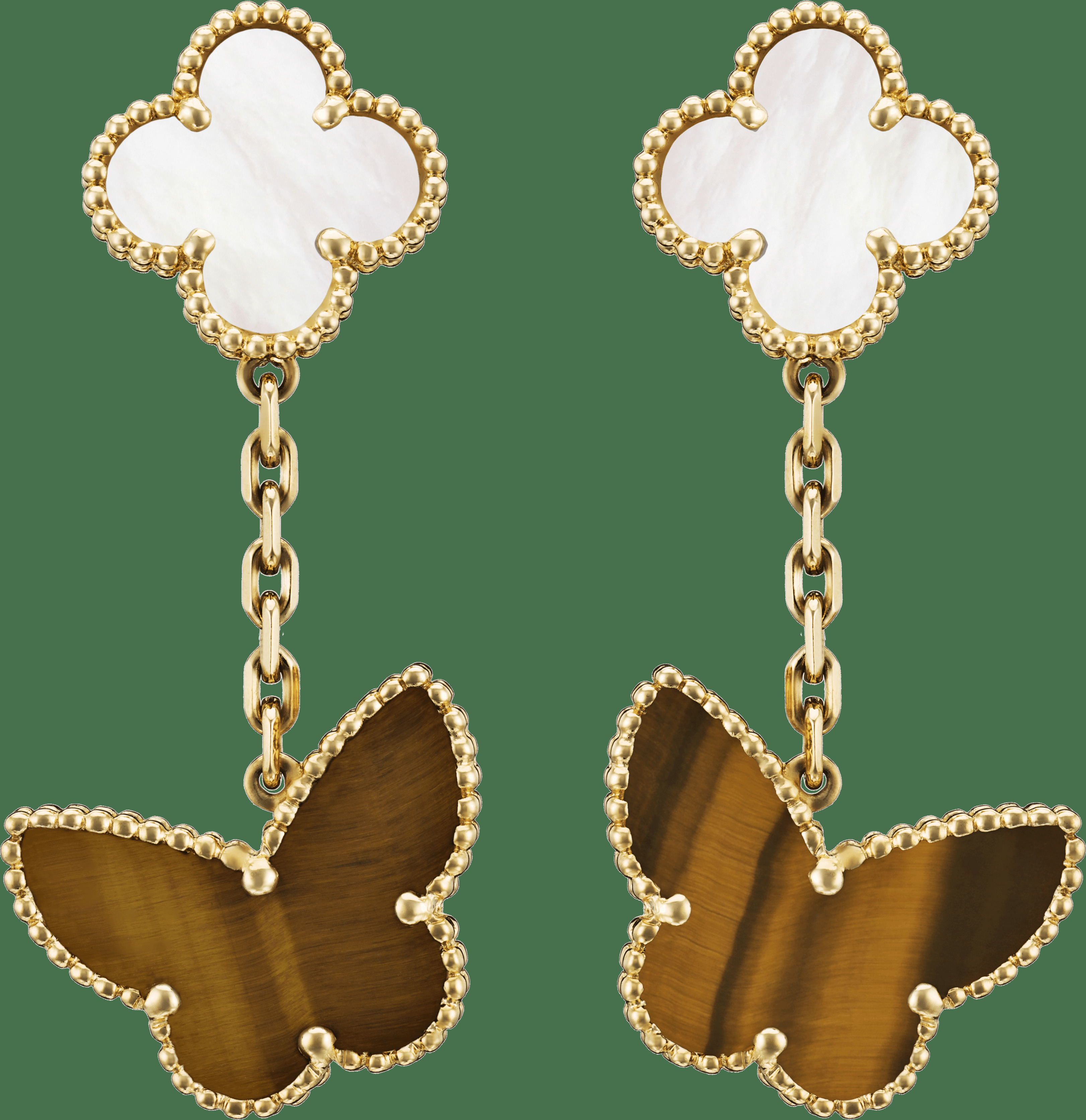 Серьги Lucky Alhambra, 2 мотива, желтое золото, белый перламутр, тигровый глаз