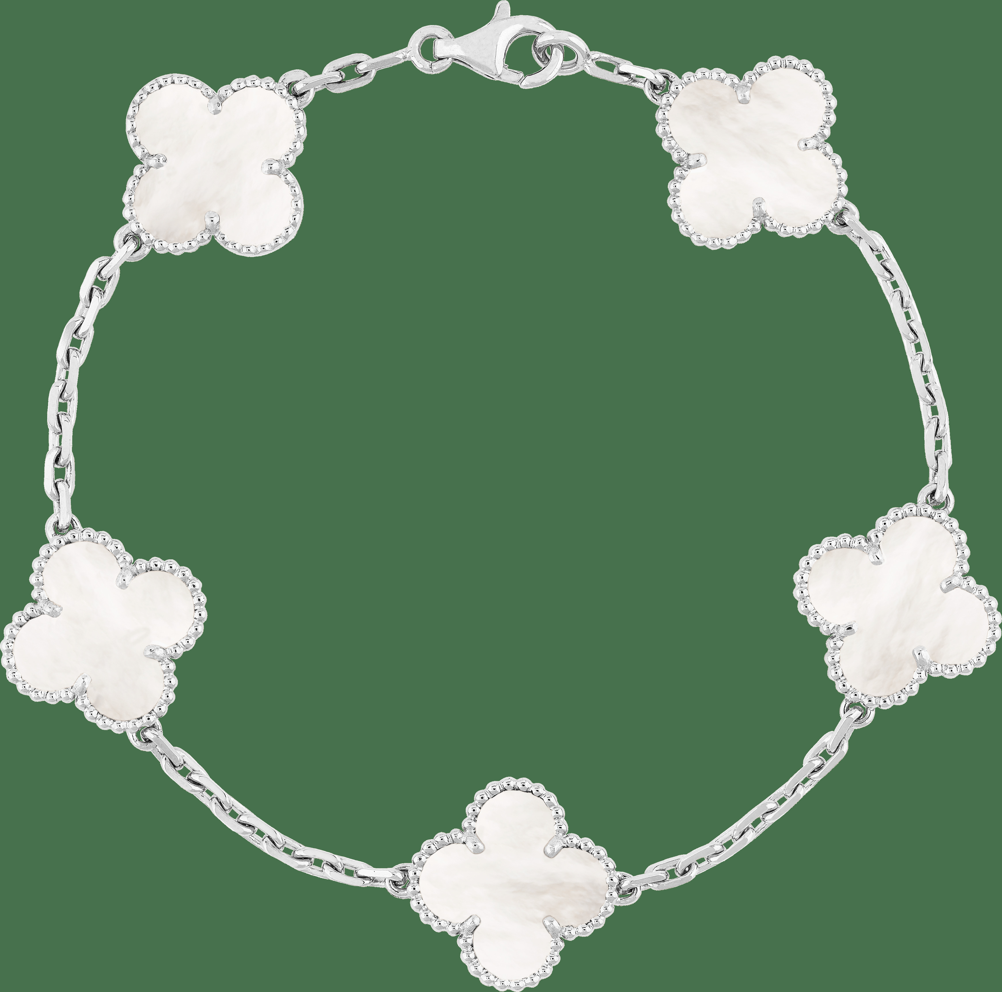 Браслет Vintage Alhambra, 5 мотивов, белое золото, белый перламутр