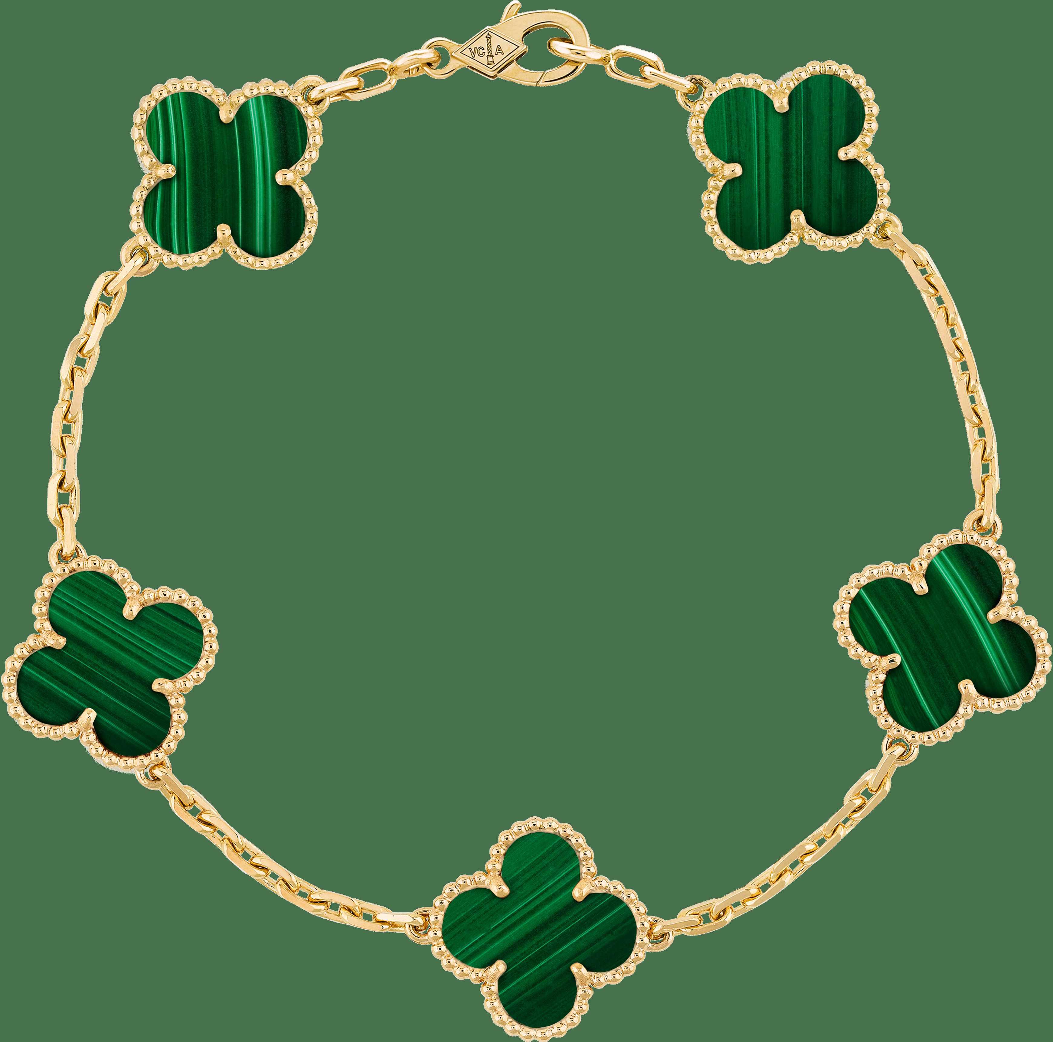 Браслет Vintage Alhambra, 5 мотивов, желтое золото, малахит