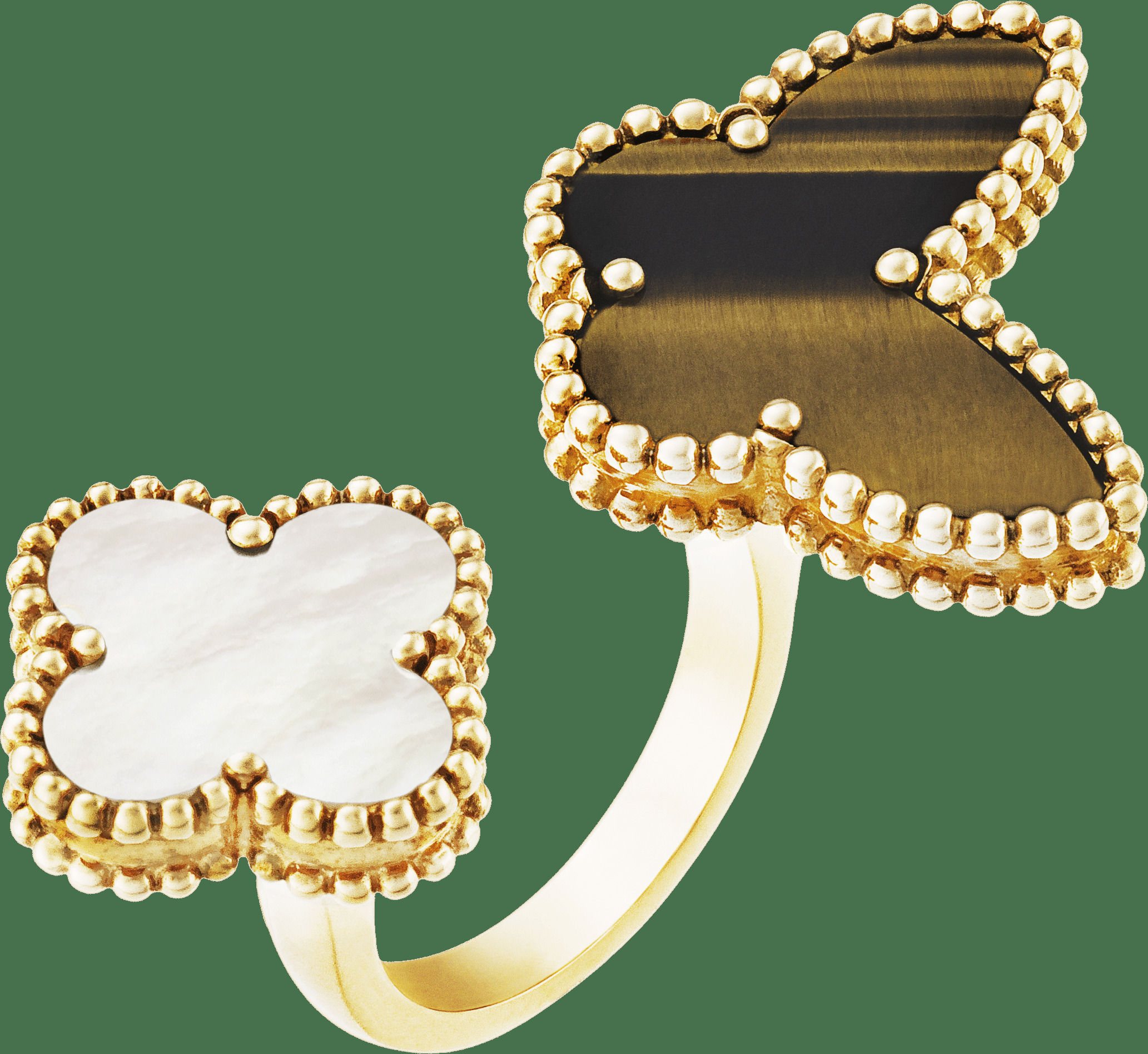 Кольцо на два пальца Lucky Alhambra, желтое золото, белый перламутр, тигровый глаз