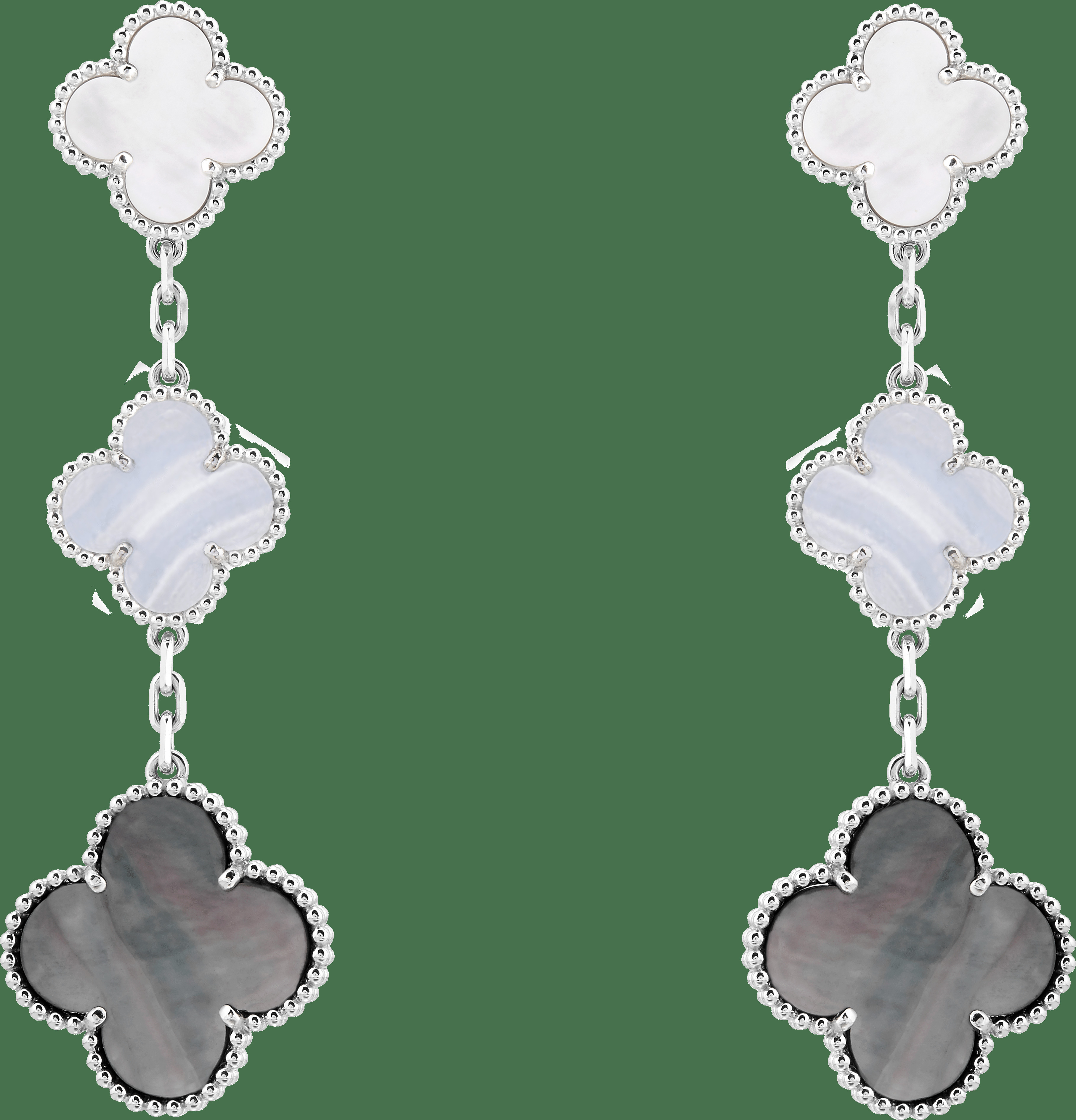 Серьги Magic Alhambra, 3 мотива, белое золото, перламутр, халцедон