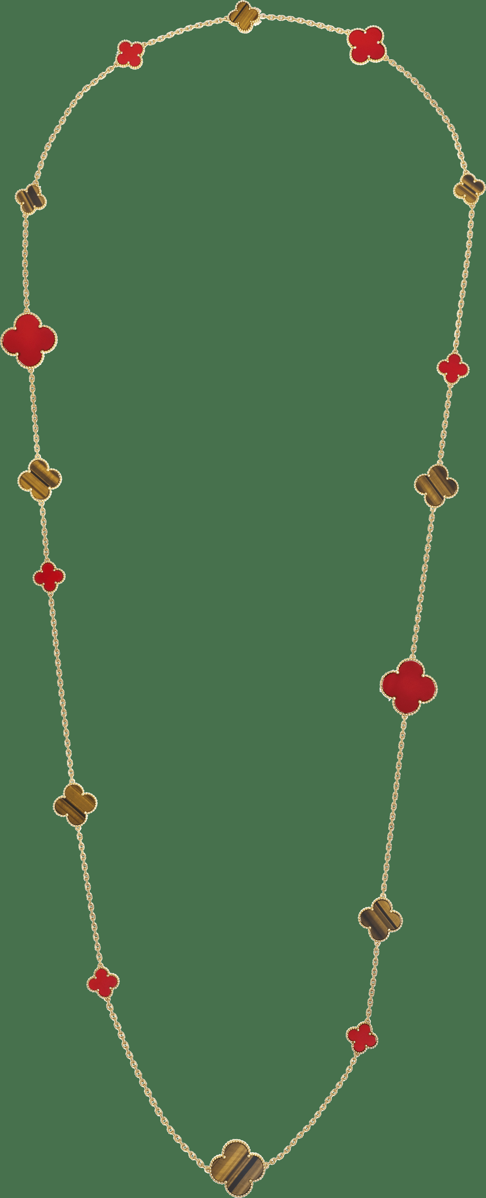 Длинное колье Magic Alhambra, 16 мотивов, желтое золото, корнеол, тигровый глаз