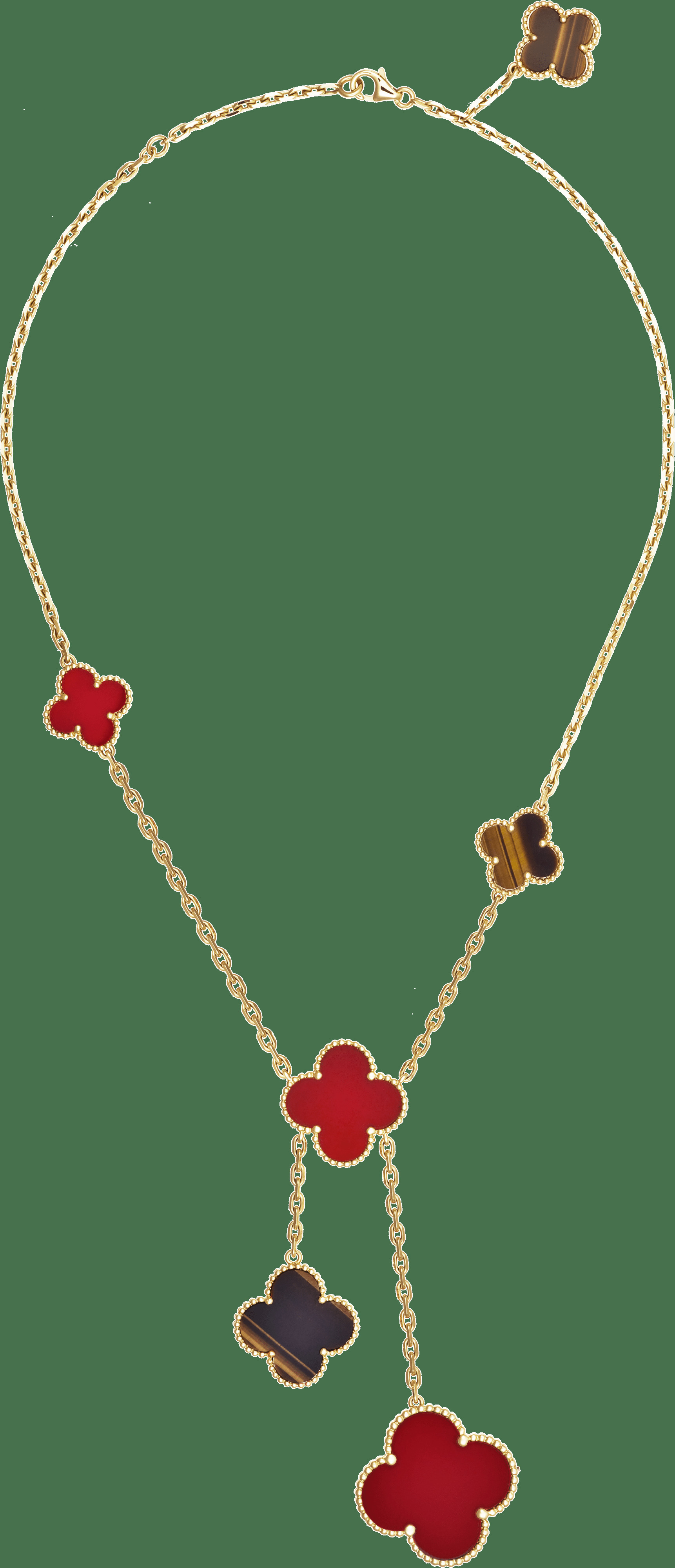 Колье Magic Alhambra, 6 мотивов, желтое золото, корнеол, тигровый глаз