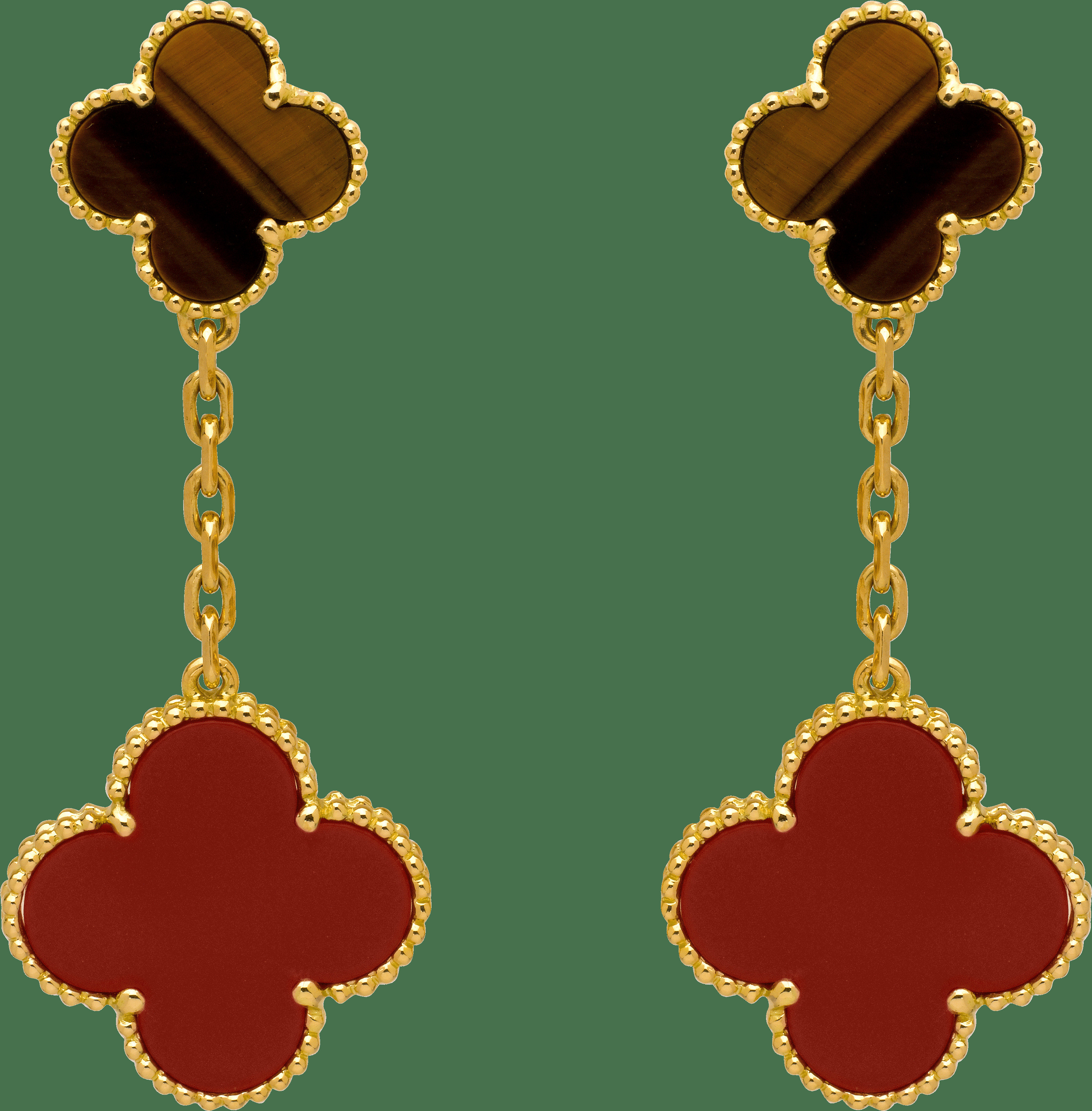 Серьги Magic Alhambra, 2 мотива, желтое золото, тигровый глаз, корнеол