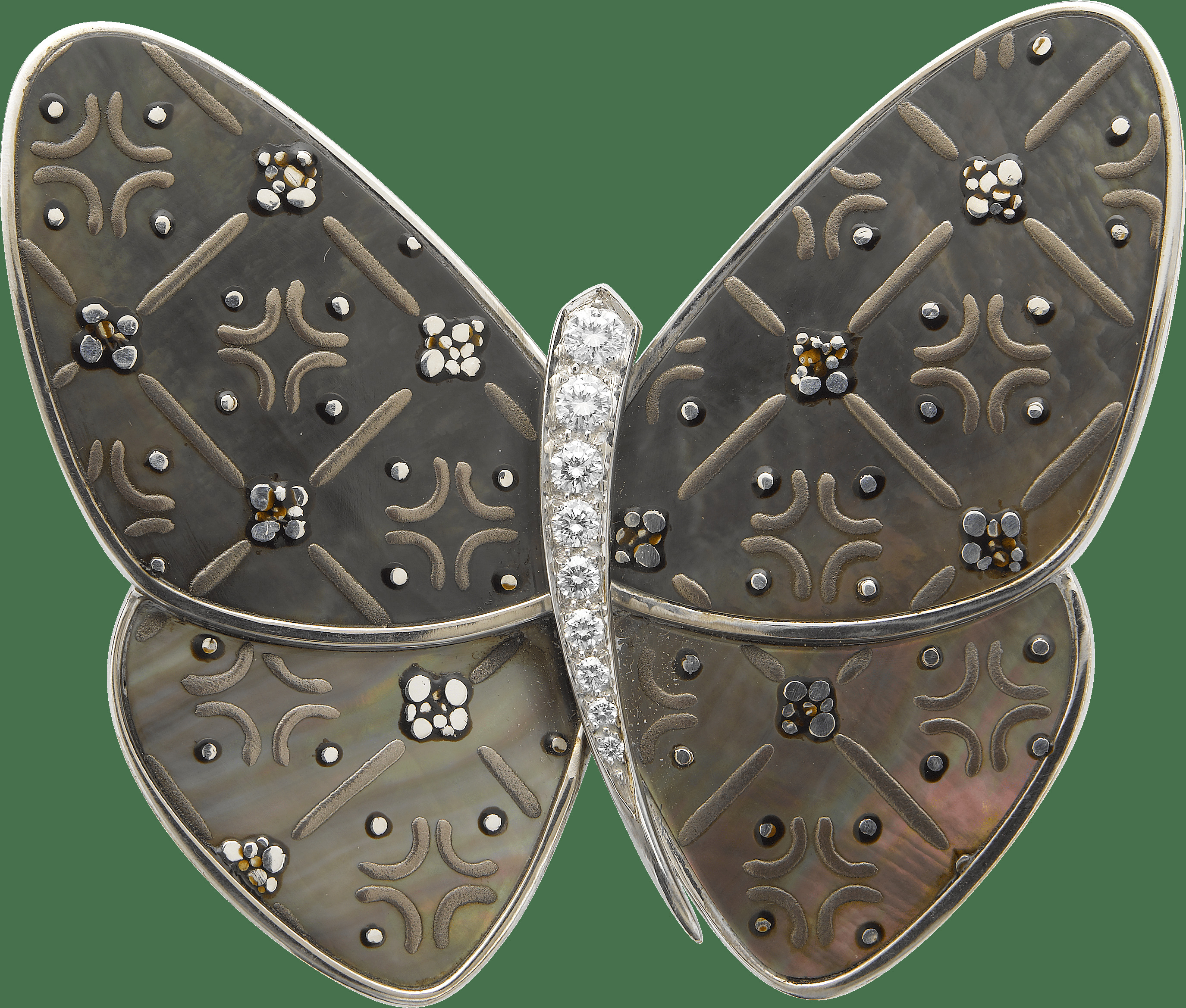 Лакированная брошь в форме бабочки Waritsuke K, белое золото, серый перламутр, бриллианты