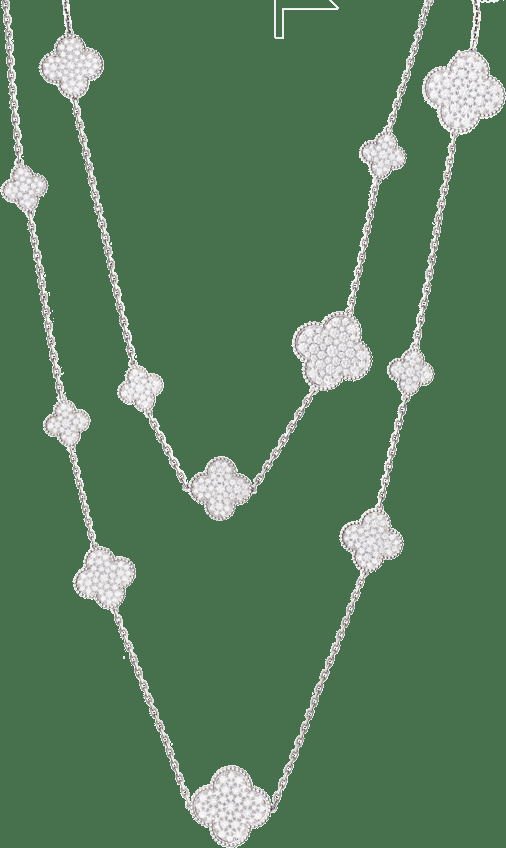 Длинное колье Magic Alhambra, 16 мотивов, белое золото, бриллианты