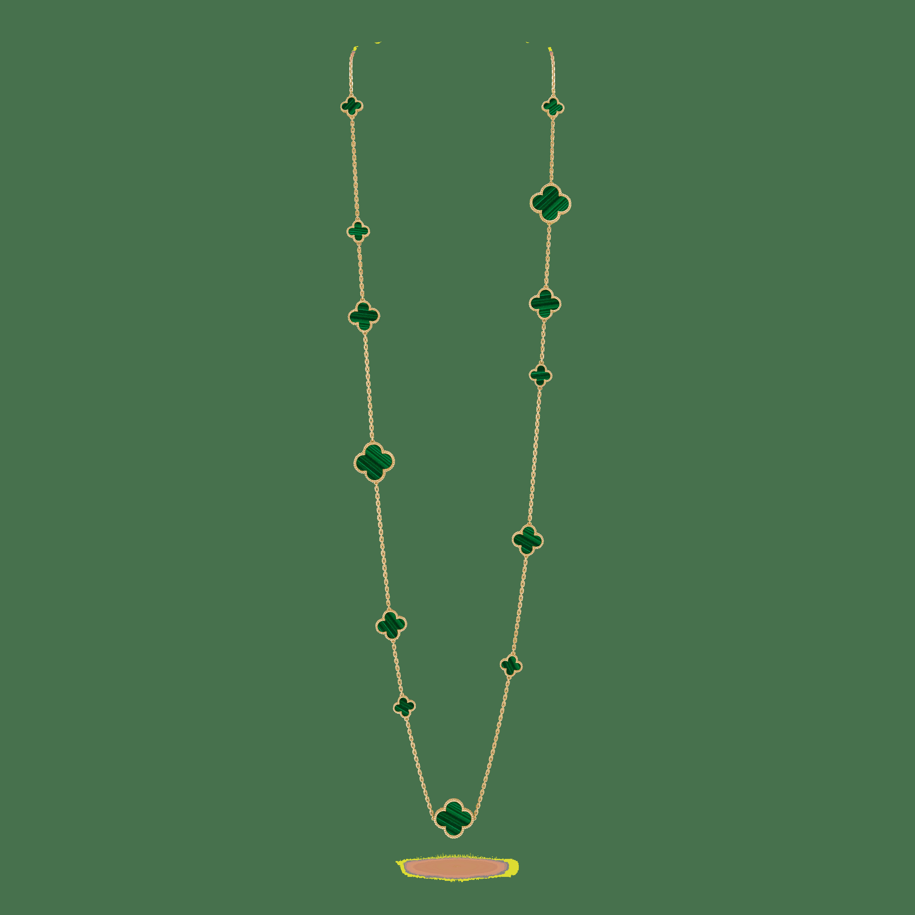 Длинное колье Magic Alhambra, 16 мотивов, желтое золото, малахит