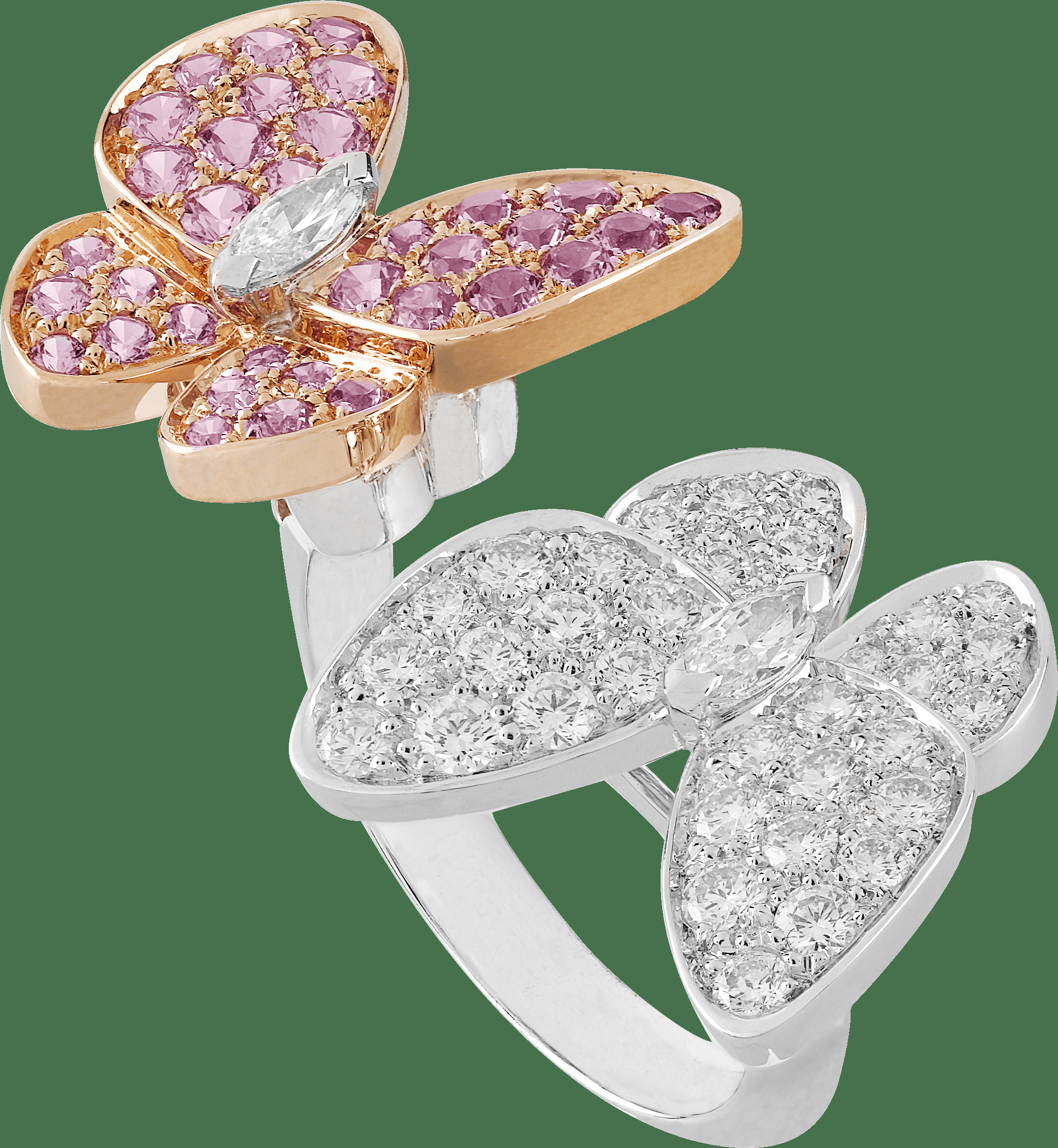 Кольцо на два пальца Two Butterflies, розовое золото, розовые сапфиры, белое золото, бриллианты