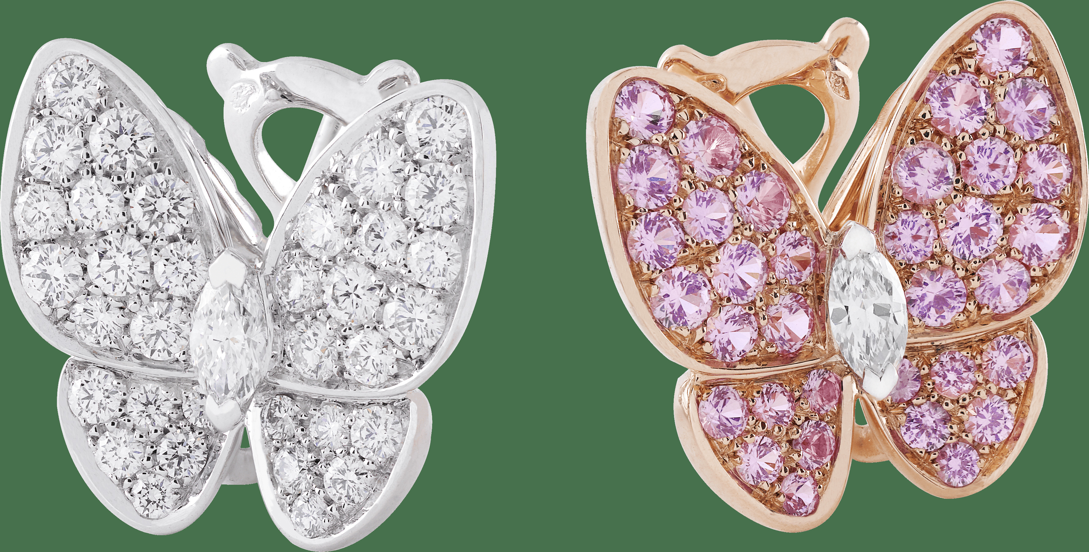 Серьги Two Butterflies, розовое золото, розовые сапфиры, белое золото, бриллианты