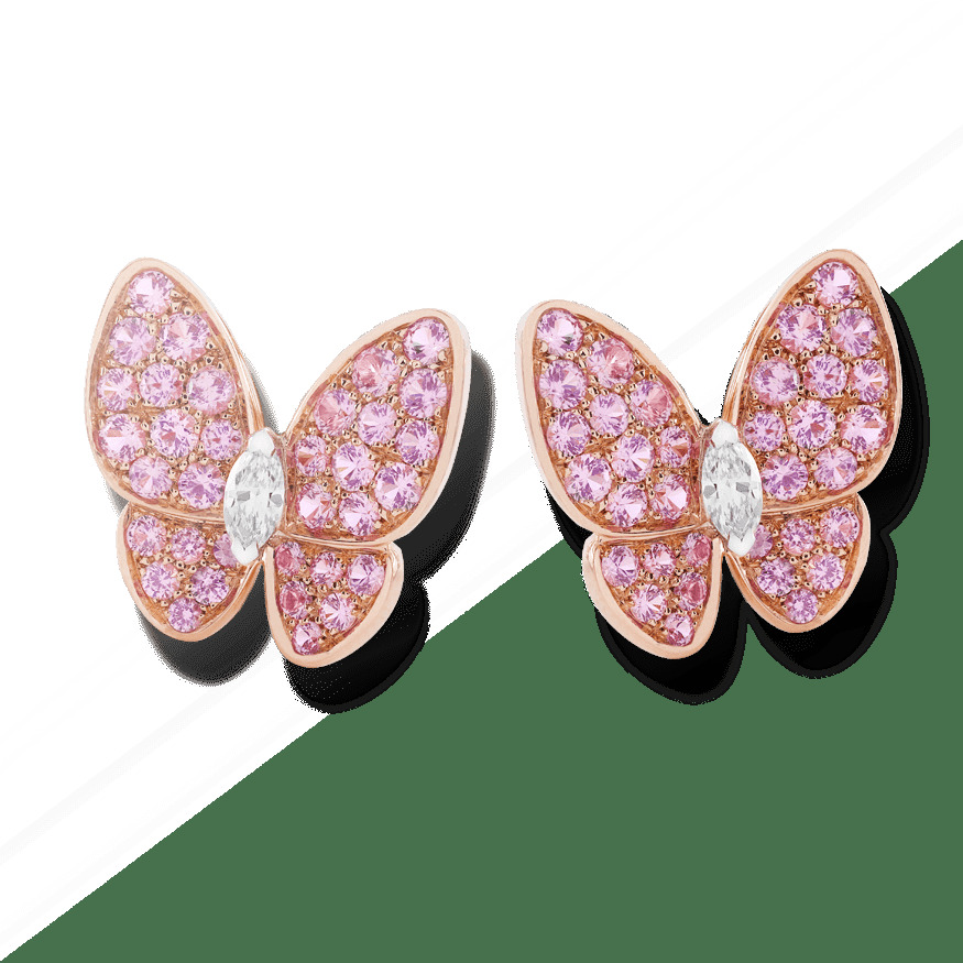 Симметричные серьги Two Butterflies, розовое золото, розовые сапфиры, белое золото, бриллианты