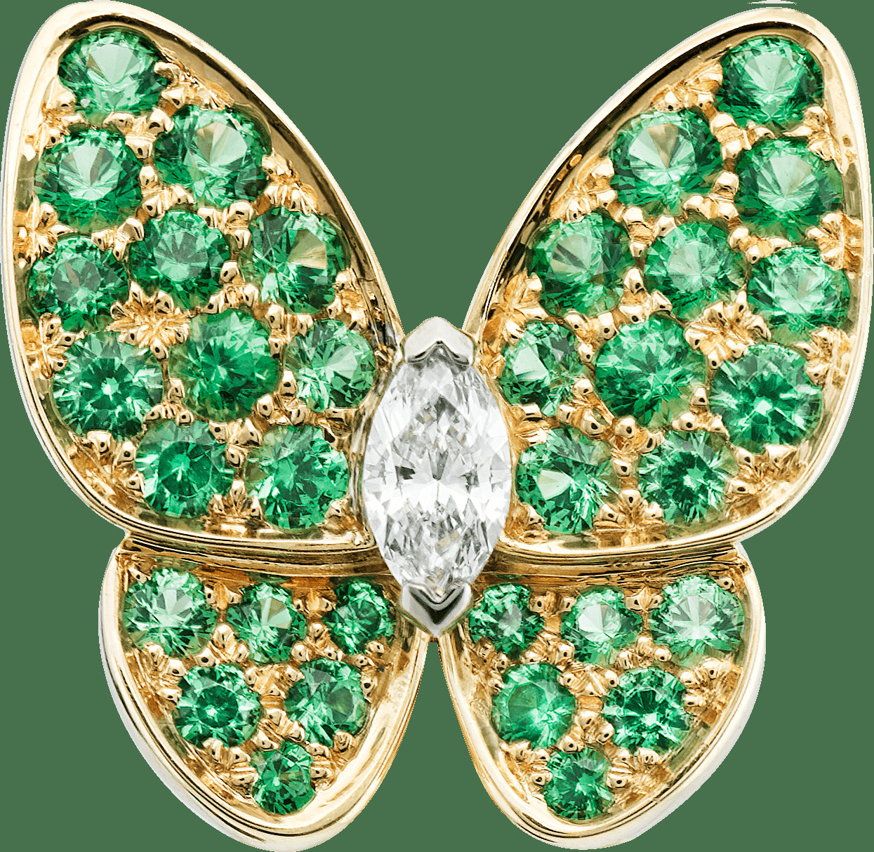 Серьга Two Butterfly, желтое золото, цавориты, белое золото, бриллианты