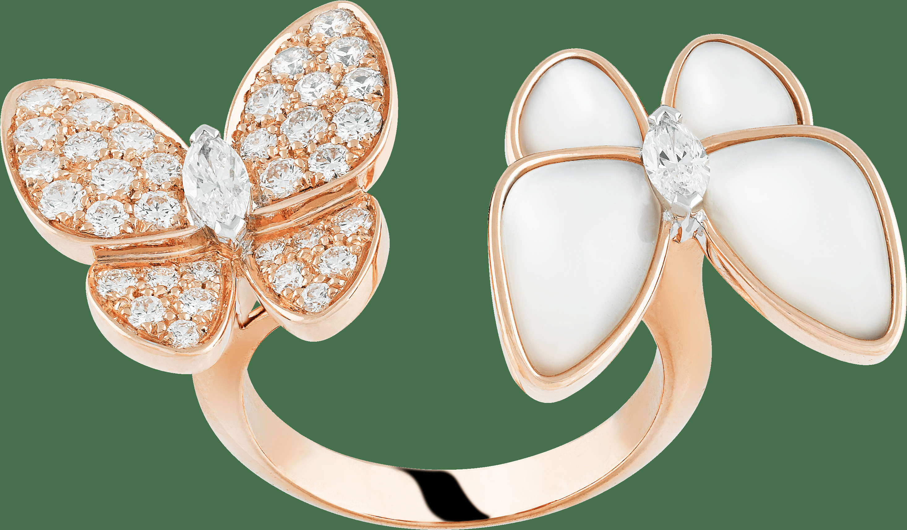 Кольцо на два пальца Two Butterfly, розовое золото, белое золото, белый перламутр, бриллианты