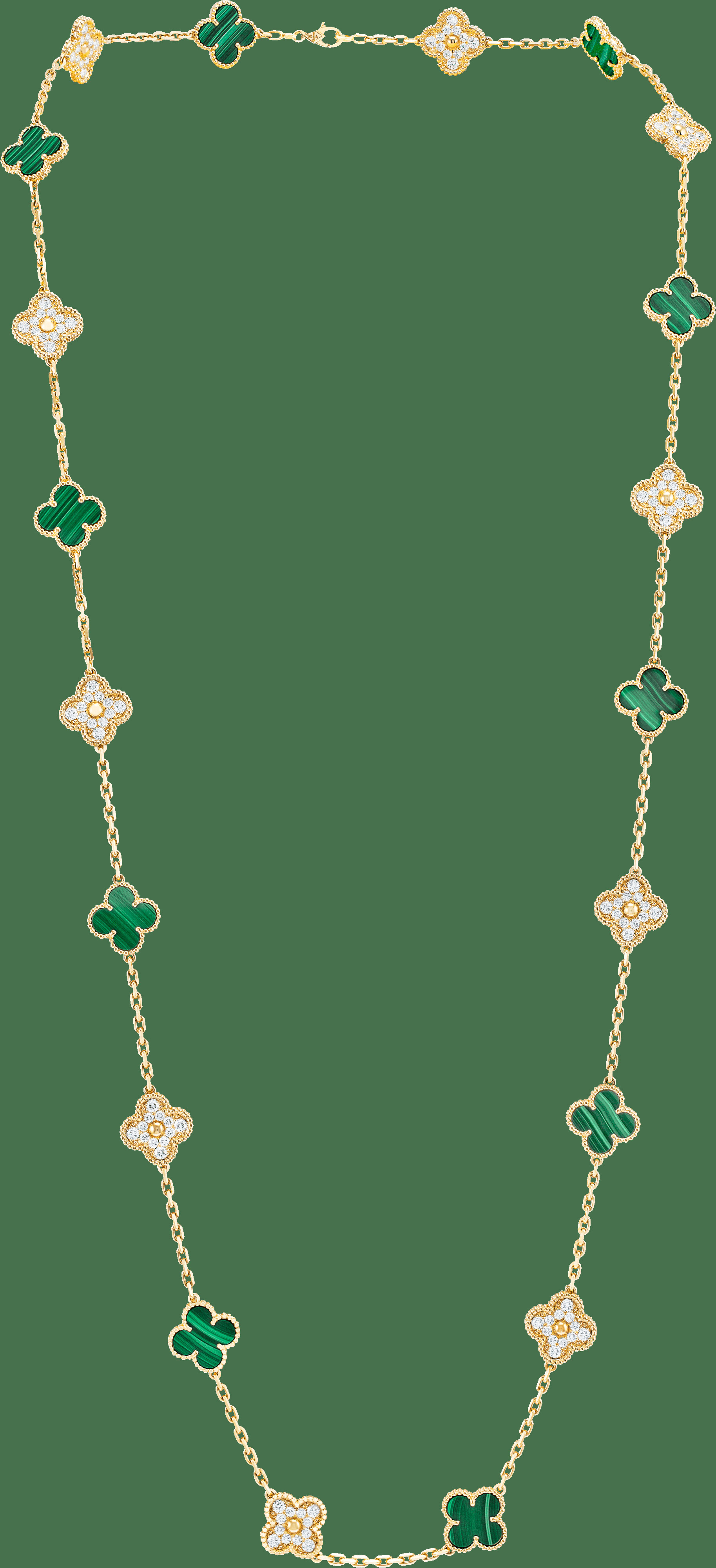 Длинное колье Vintage Alhambra, 20 мотивов, желтое золото, малахит, бриллианты
