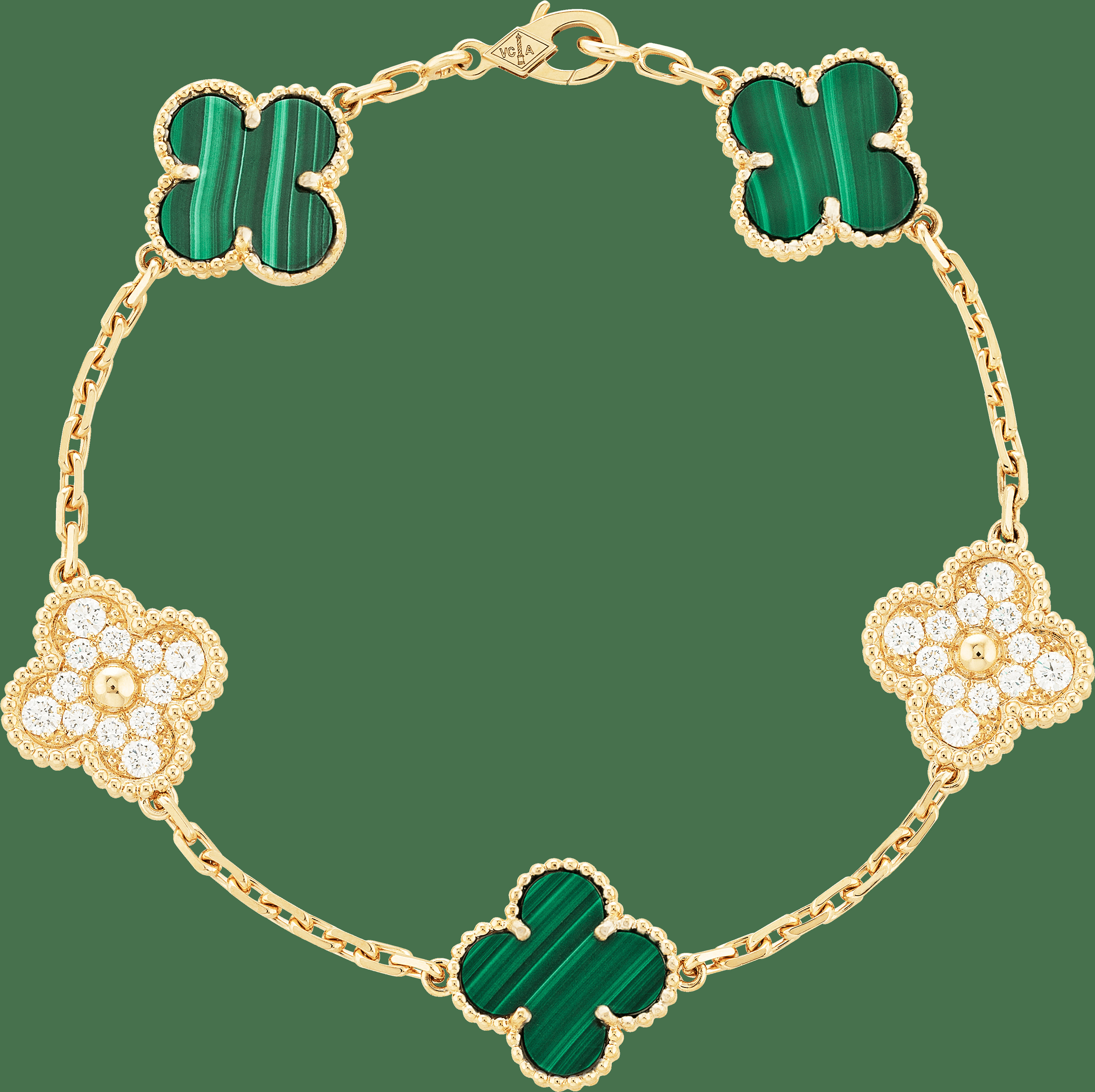 Браслет Vintage Alhambra, 5 мотивов, желтое золото, малахит, бриллианты