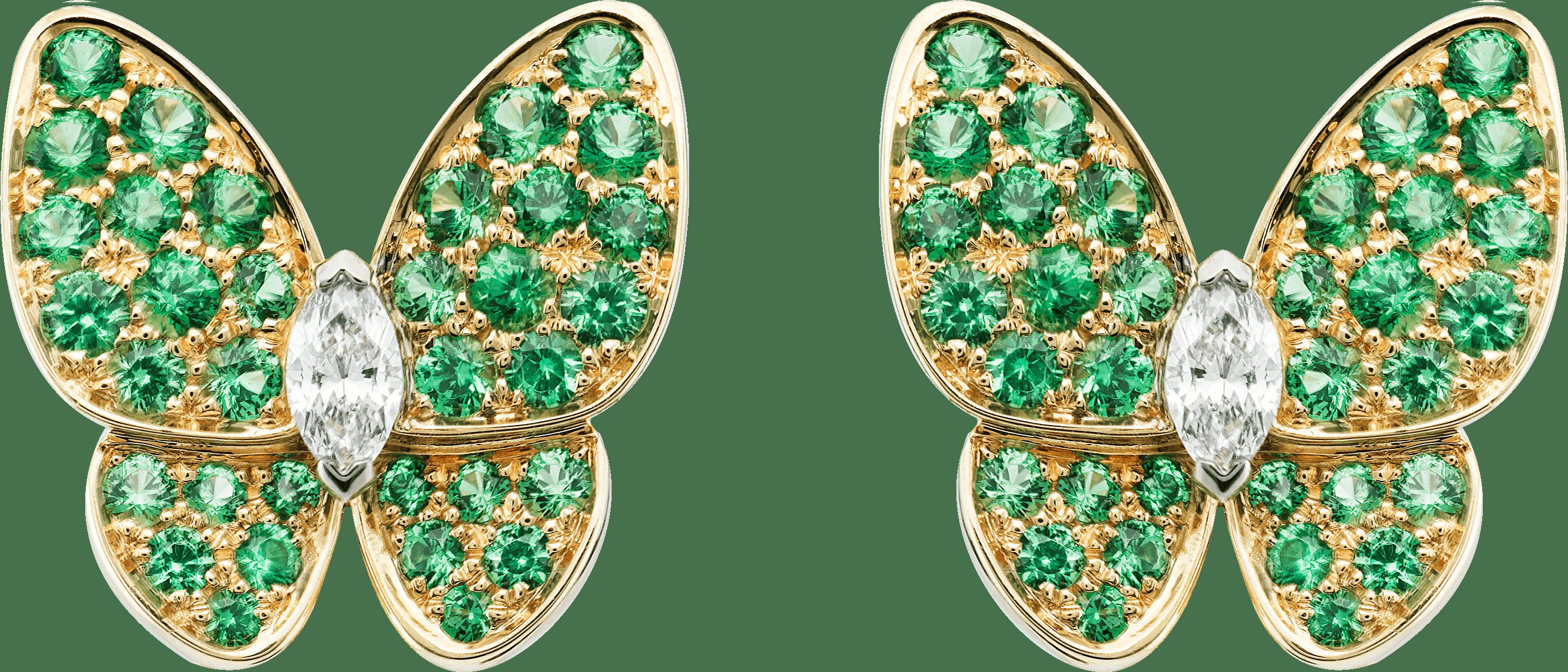 Симметричные серьги Two Butterfly, желтое золото, цавориты, белое золото, бриллианты