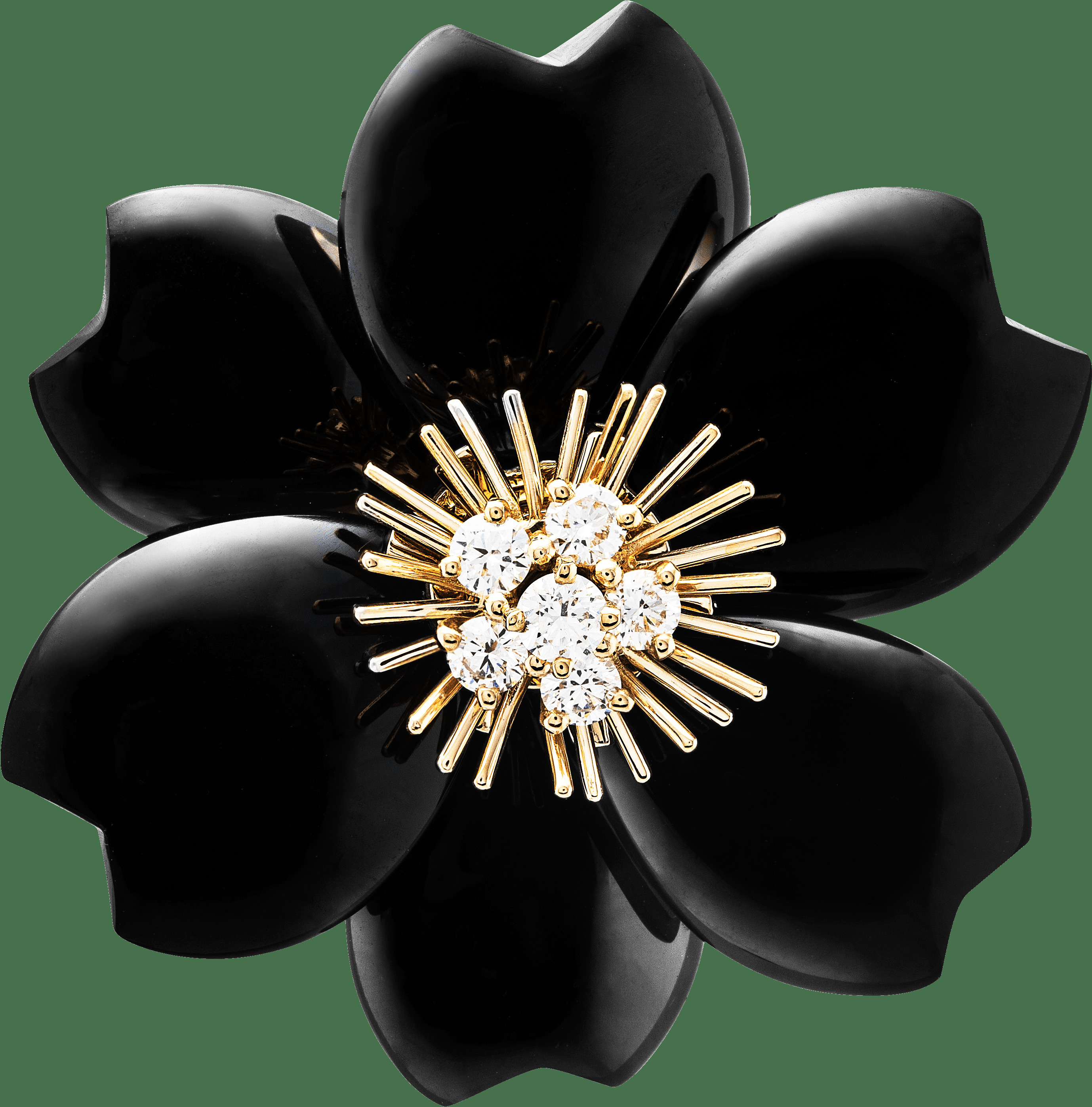 Брошь Rose de Noël, модель среднего размера, желтое золото, оникс, бриллианты