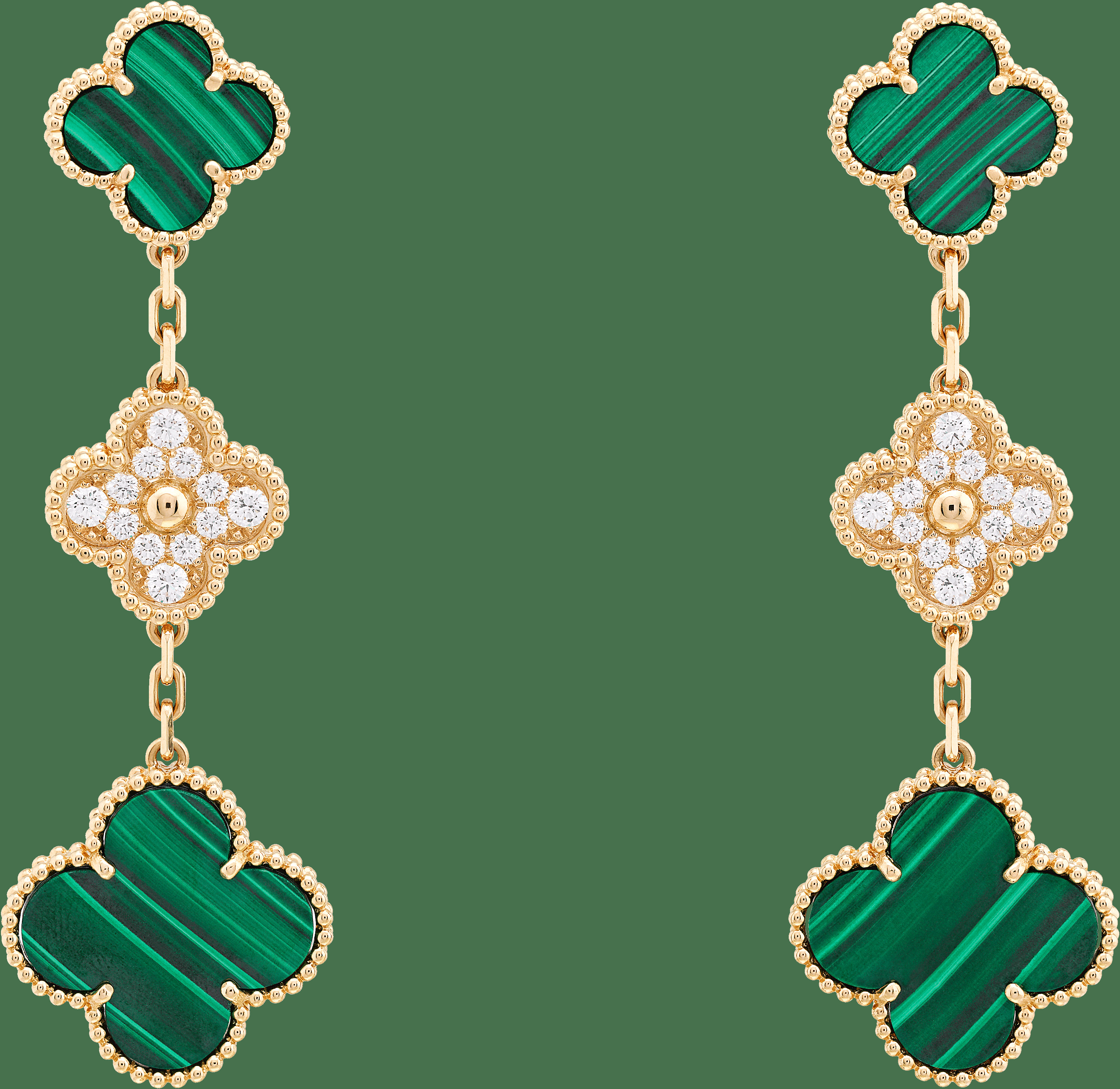 Серьги Magic Alhambra, 3 мотива, желтое золото, малахит, бриллианты круглой огранки